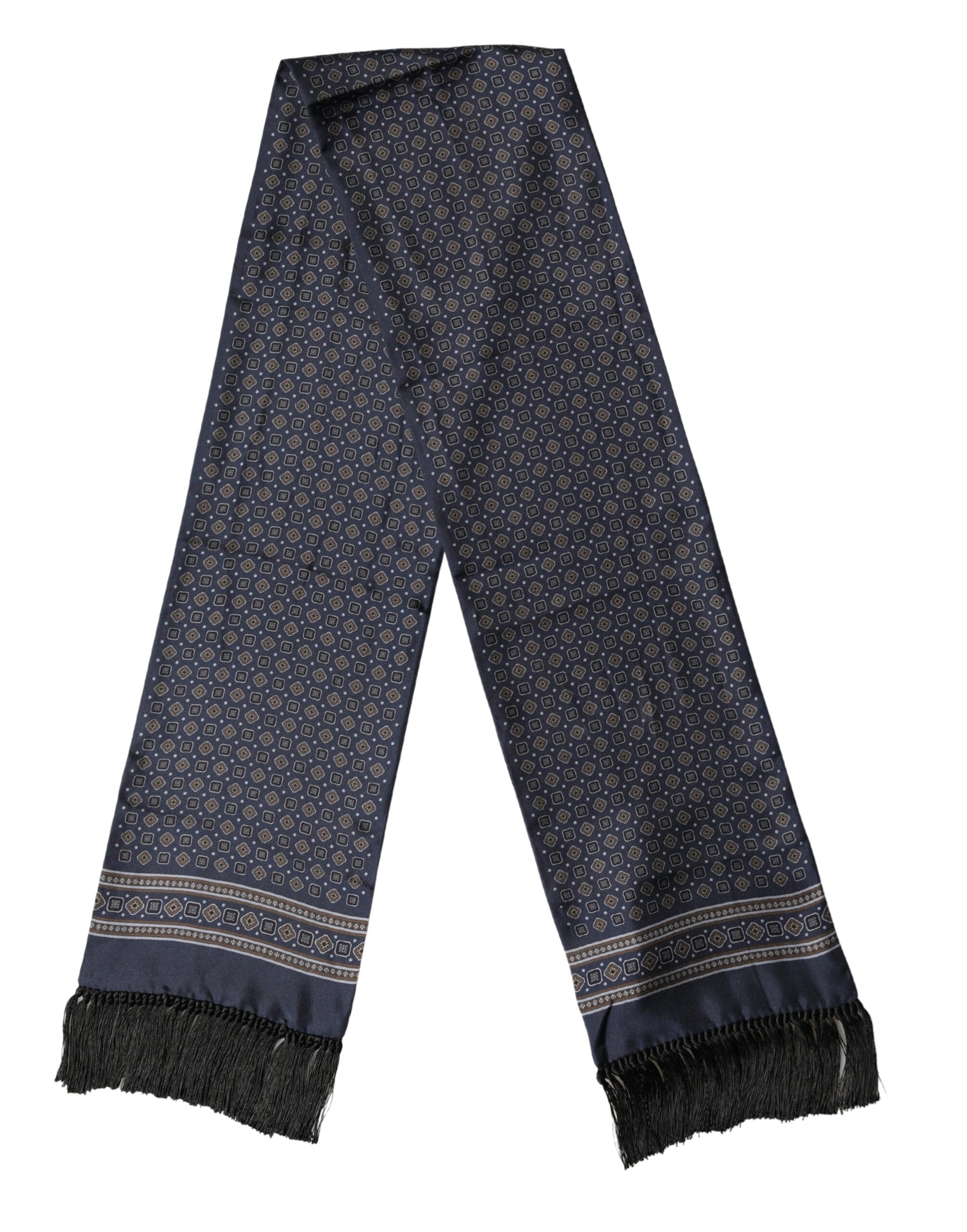 Dolce & Gabbana Navy Silk Geometric Fringe Foulard 137cm x 18cm Scarf