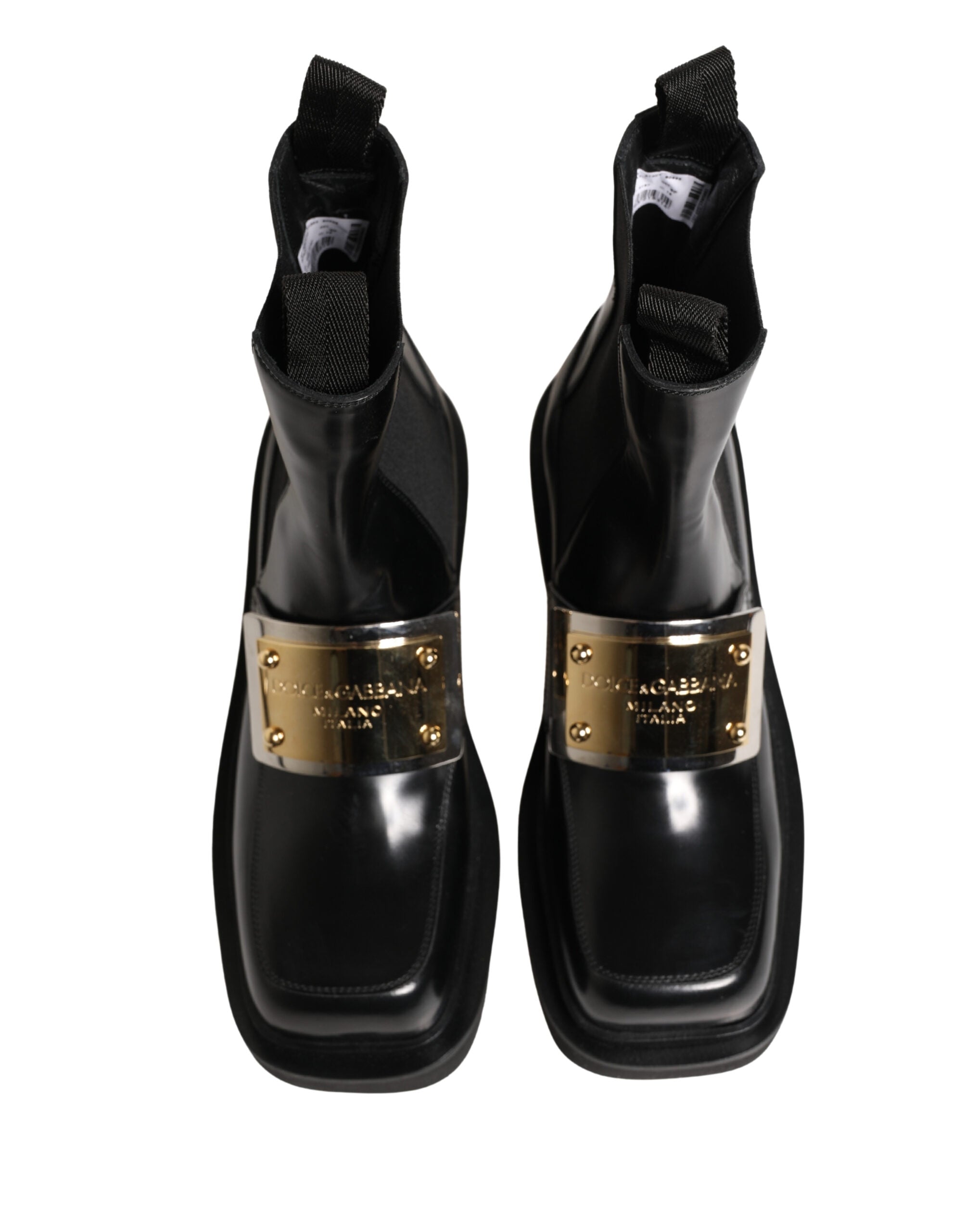 Dolce & Gabbana Black Leather Logo Plaque Ankle Boots Shoes