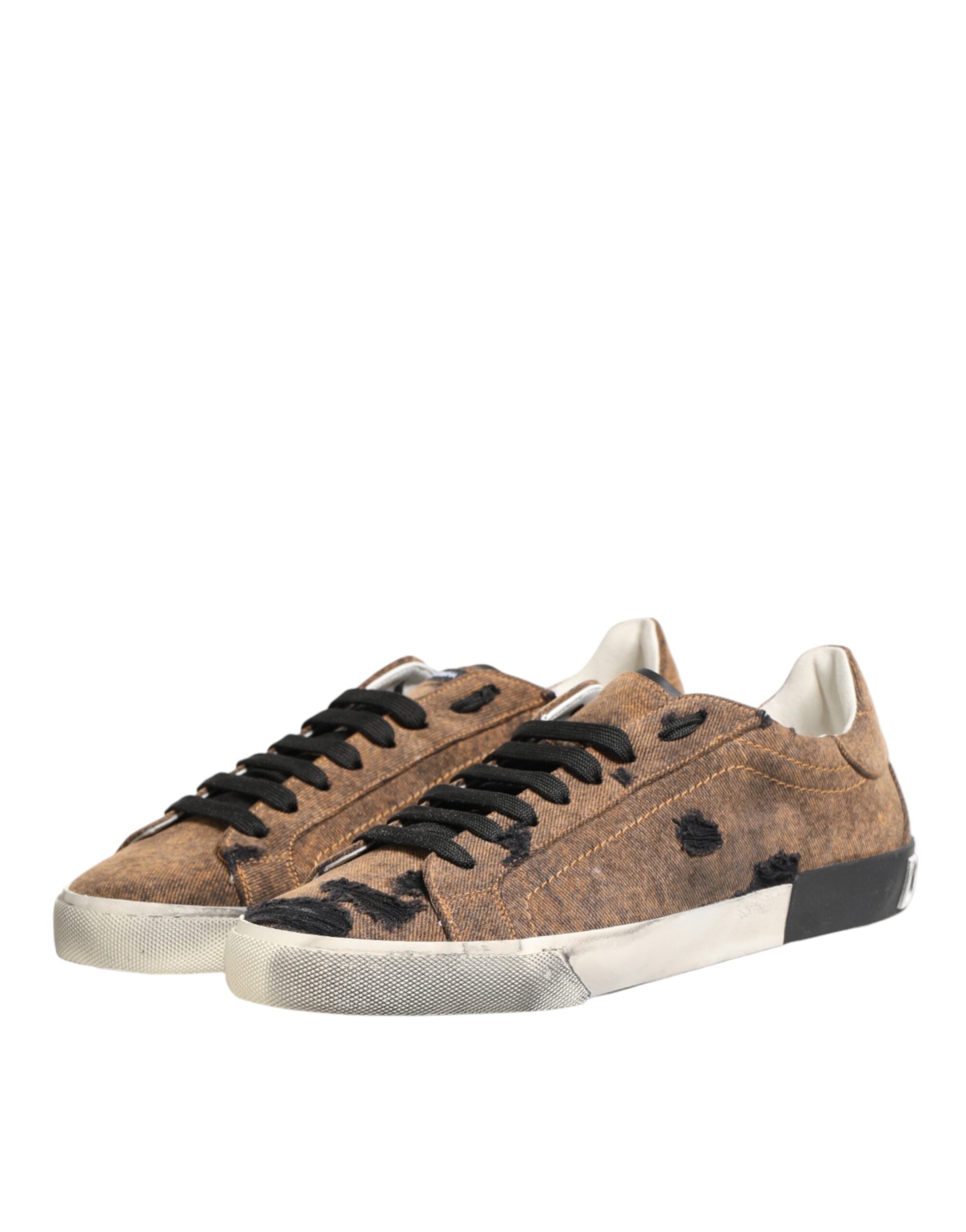 Dolce & Gabbana Brown Black Patch Denim Low Top Sneakers Shoes