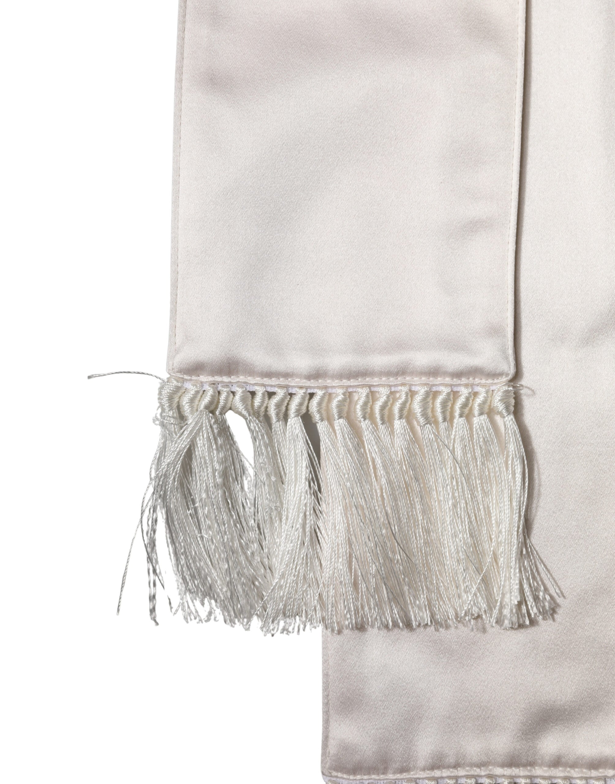 Dolce & Gabbana White Silk Satin Fringes Foulard 282cm x 10cm Men Scarf
