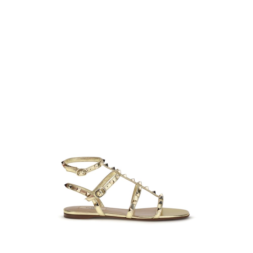 Valentino Garavani Gold Calf Leather Bos Taurus Flat Sandals