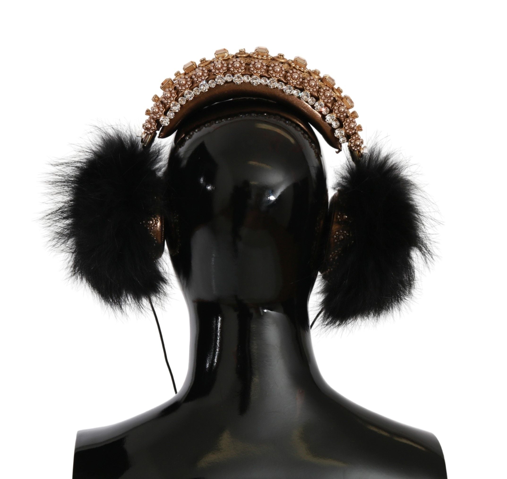 Dolce & Gabbana Gold Black Crystal Fur Headset Audio Headphones