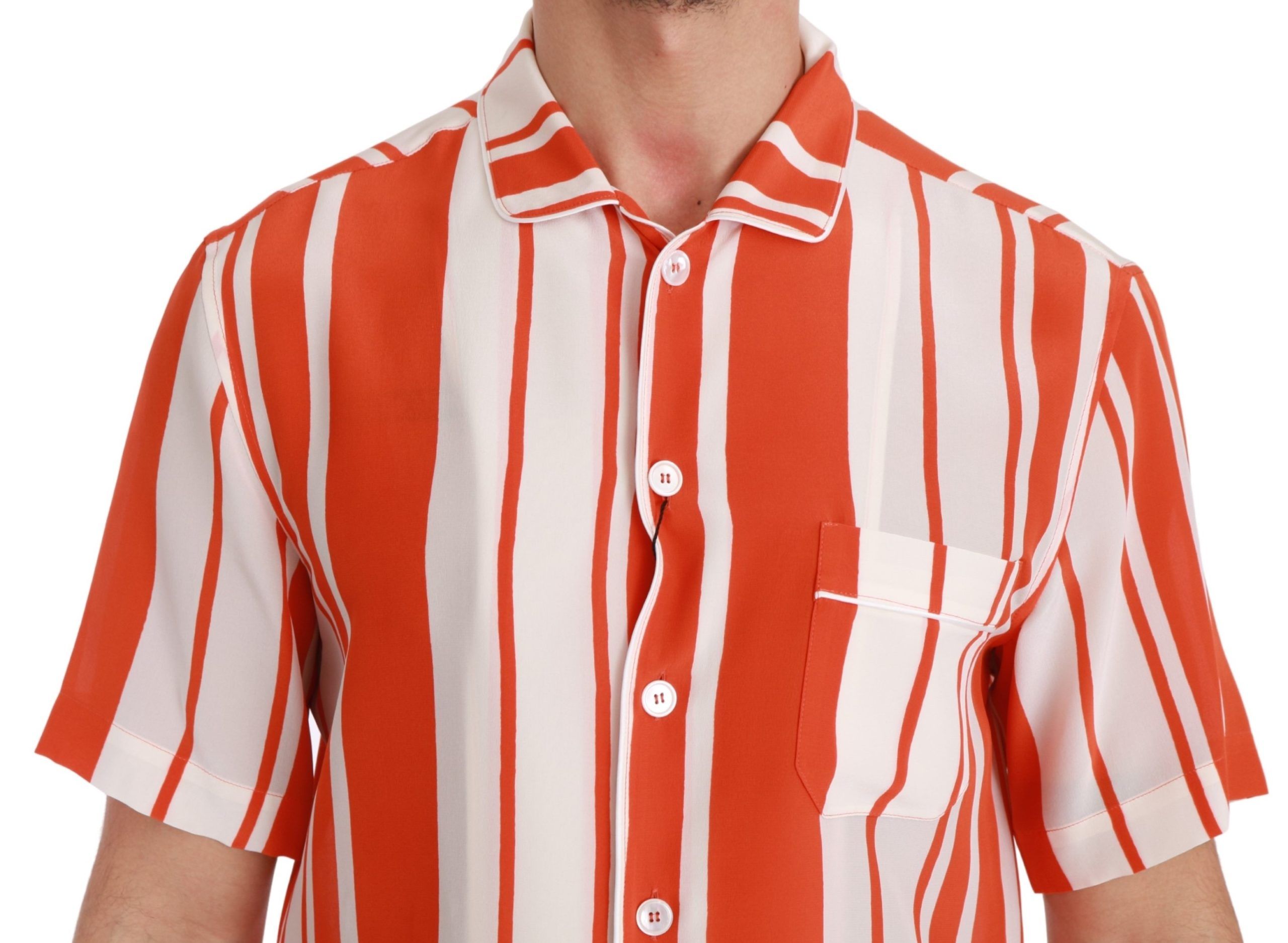 Dolce & Gabbana Orange Silk Striped Short Sleeve White Shirt