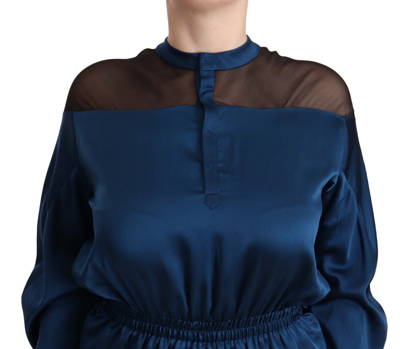 Masha Ma Blue Silk Long Sleeves Elastic Waist Top Blouse