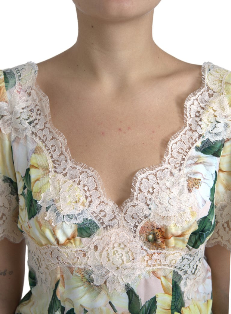 Dolce & Gabbana Multicolor Floral Lace V Neck Blouse