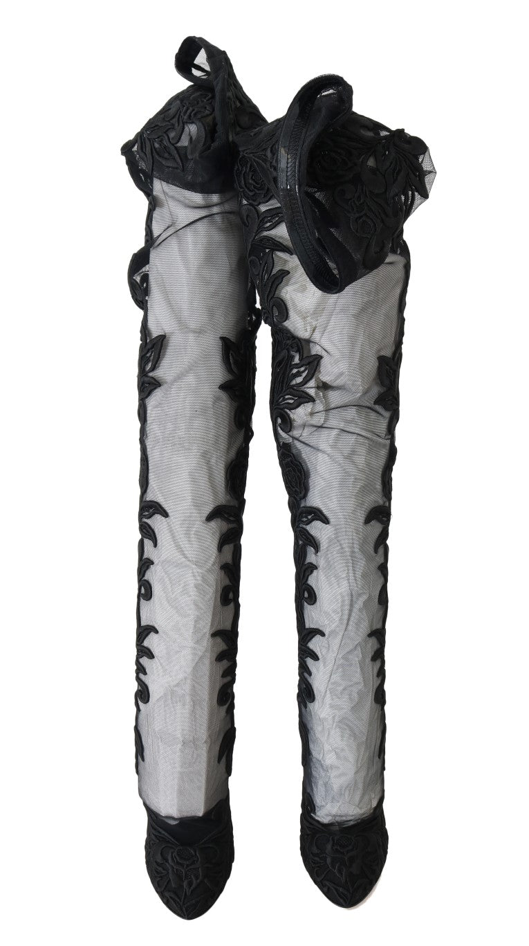 Dolce & Gabbana Black Floral Embroidered Socks Boots