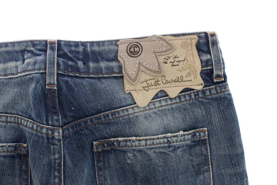 Cavalli Blue Wash Torn Cotton Straight Fit Jeans