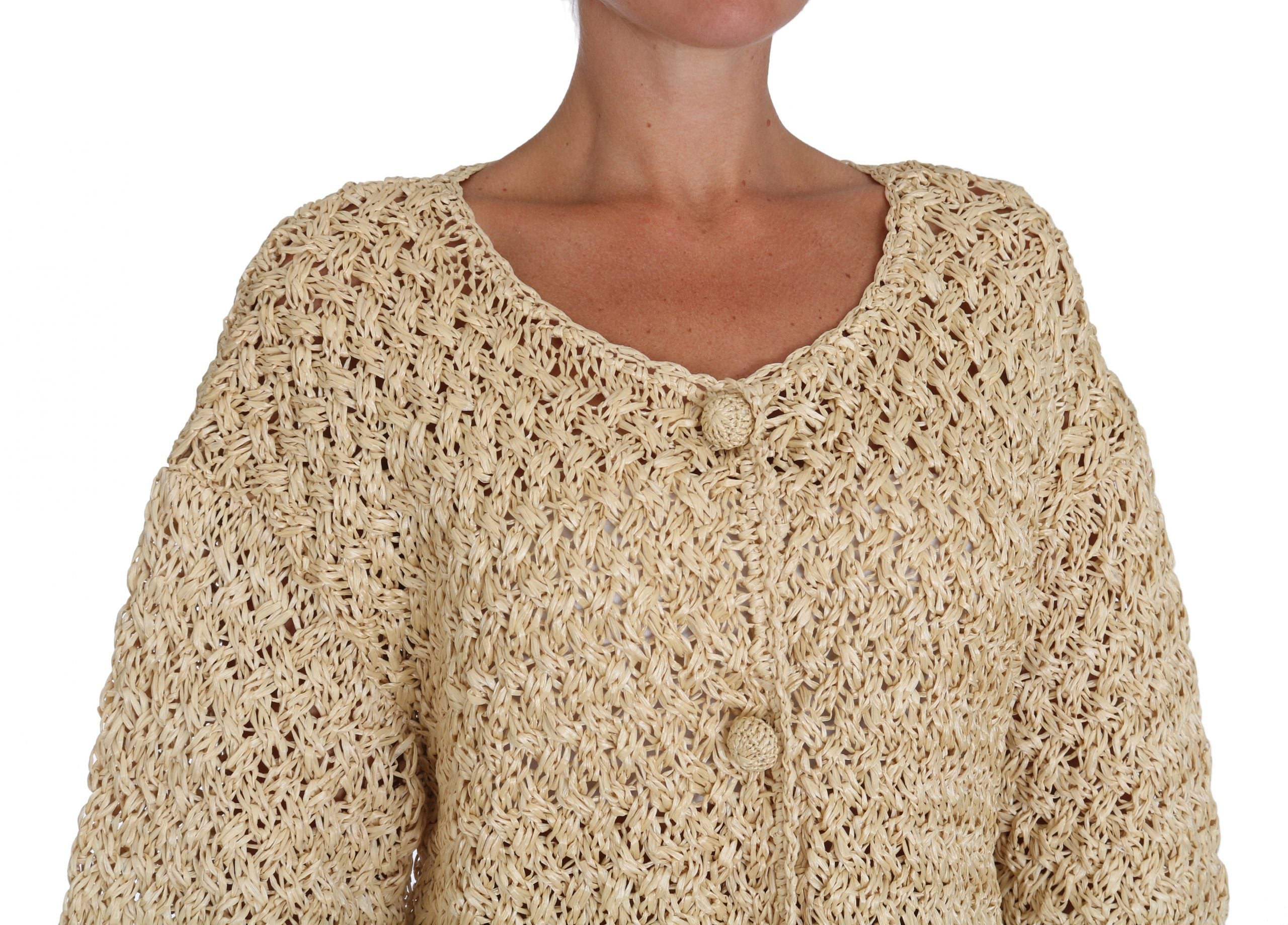 Dolce & Gabbana Beige Cardigan Crochet Knitted Raffia Sweater