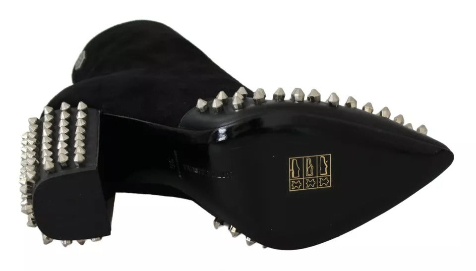 Philipp Plein Black Suede Studded Heels Ankle Boots Shoes