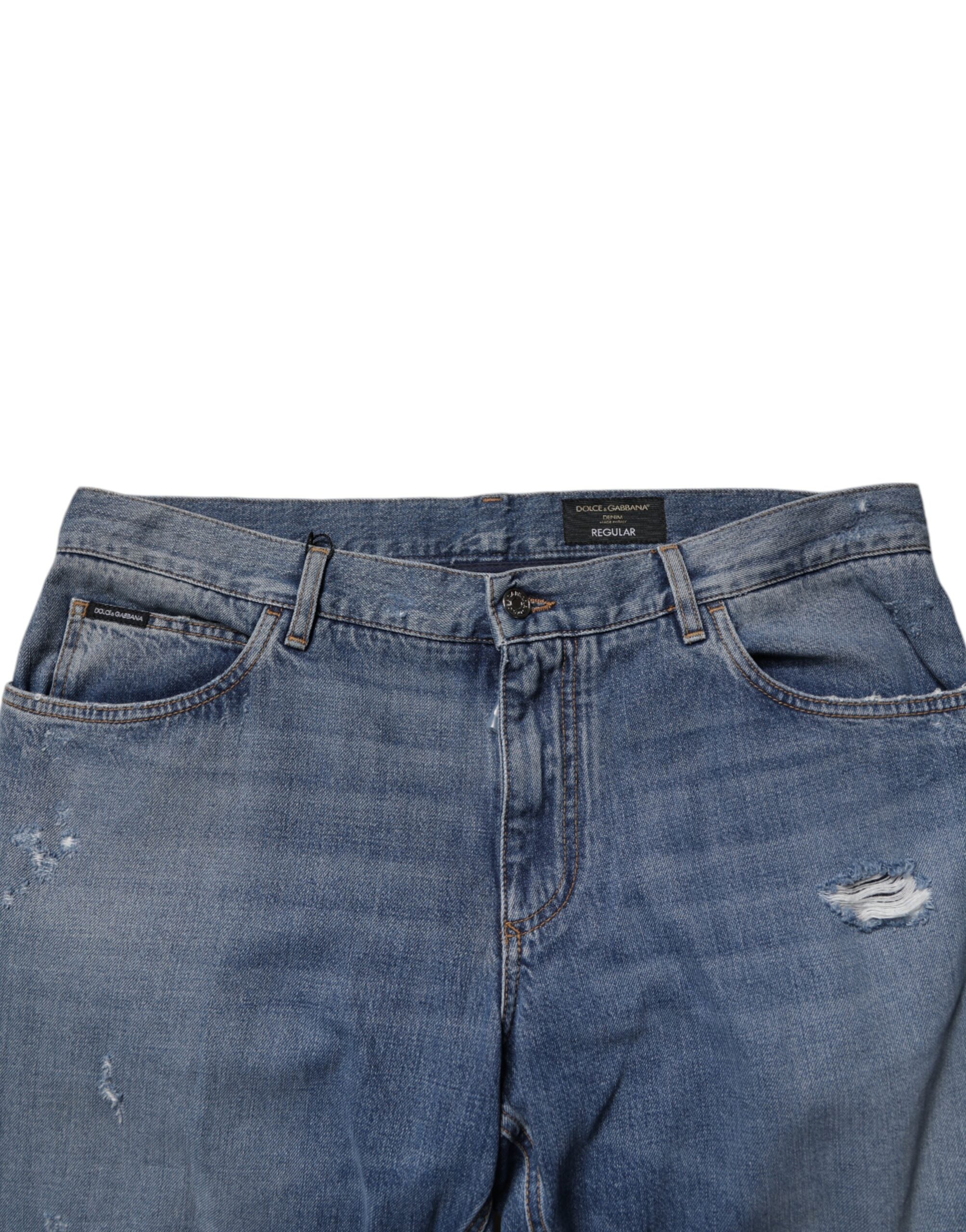 Dolce & Gabbana Blue Tattered Cotton Straight Denim Jeans
