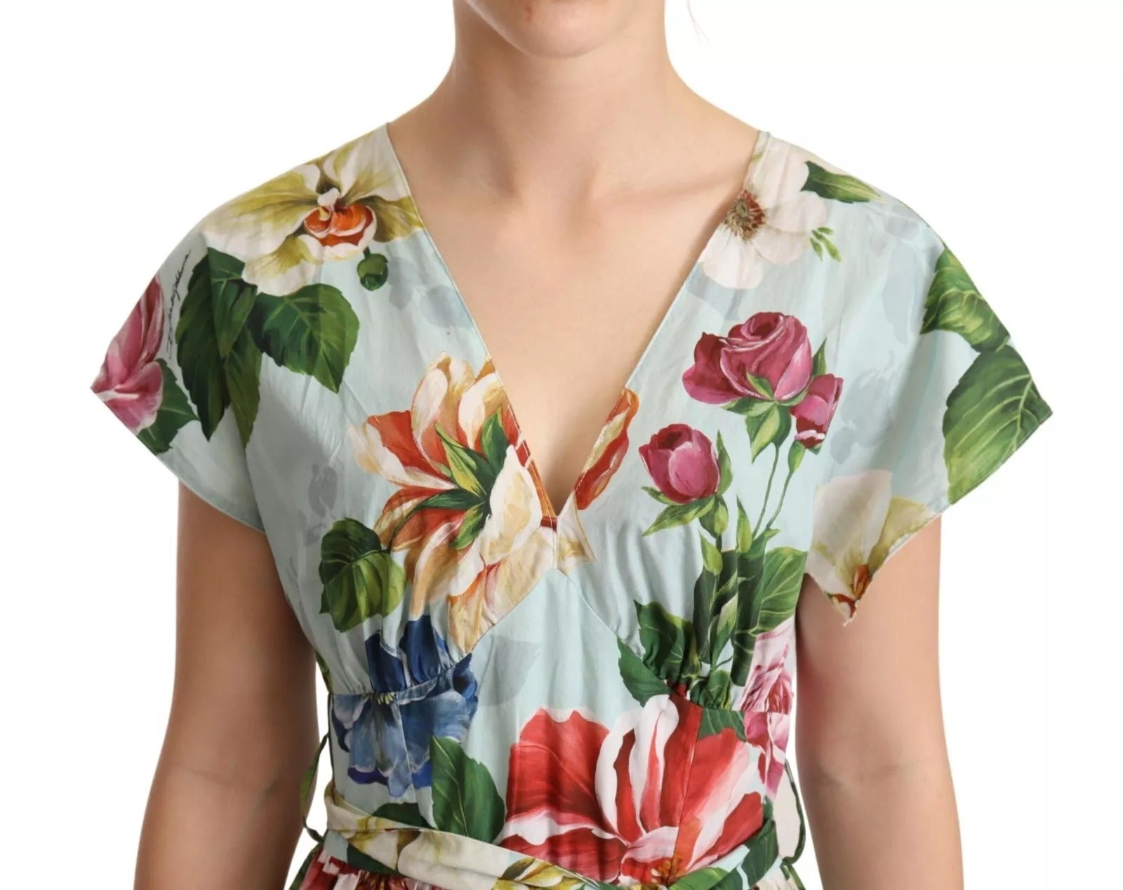 Dolce & Gabbana Green Floral Short Sleeves Cotton V-neck Dress