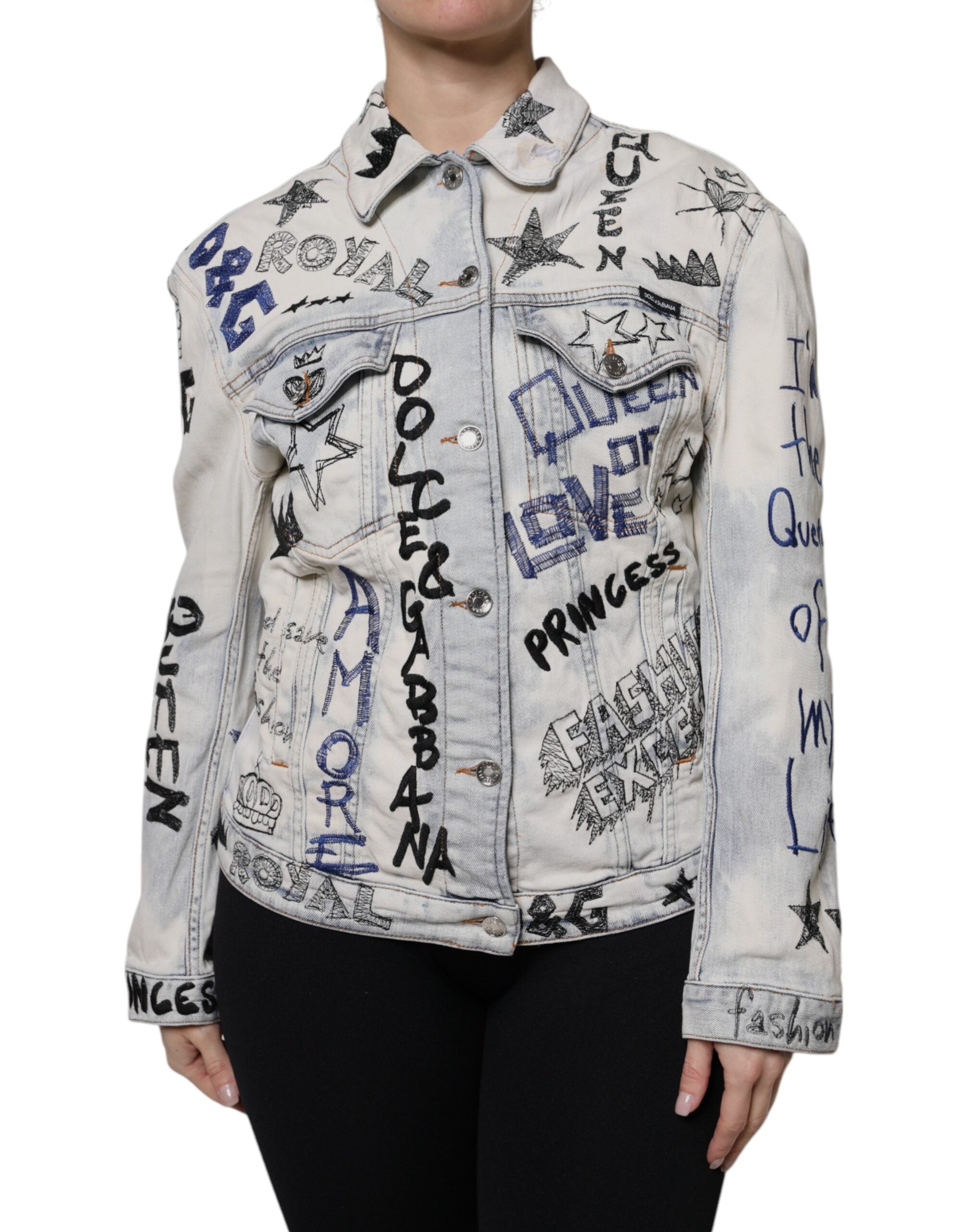 Dolce & Gabbana Light Blue Graffiti Button Down Denim Jacket