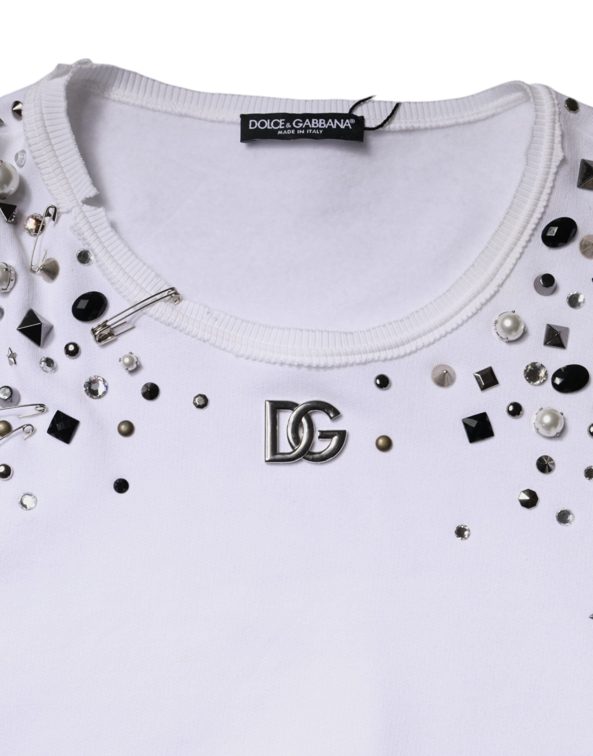 Dolce & Gabbana White Embellished Long Sleeve Cropped Sweater