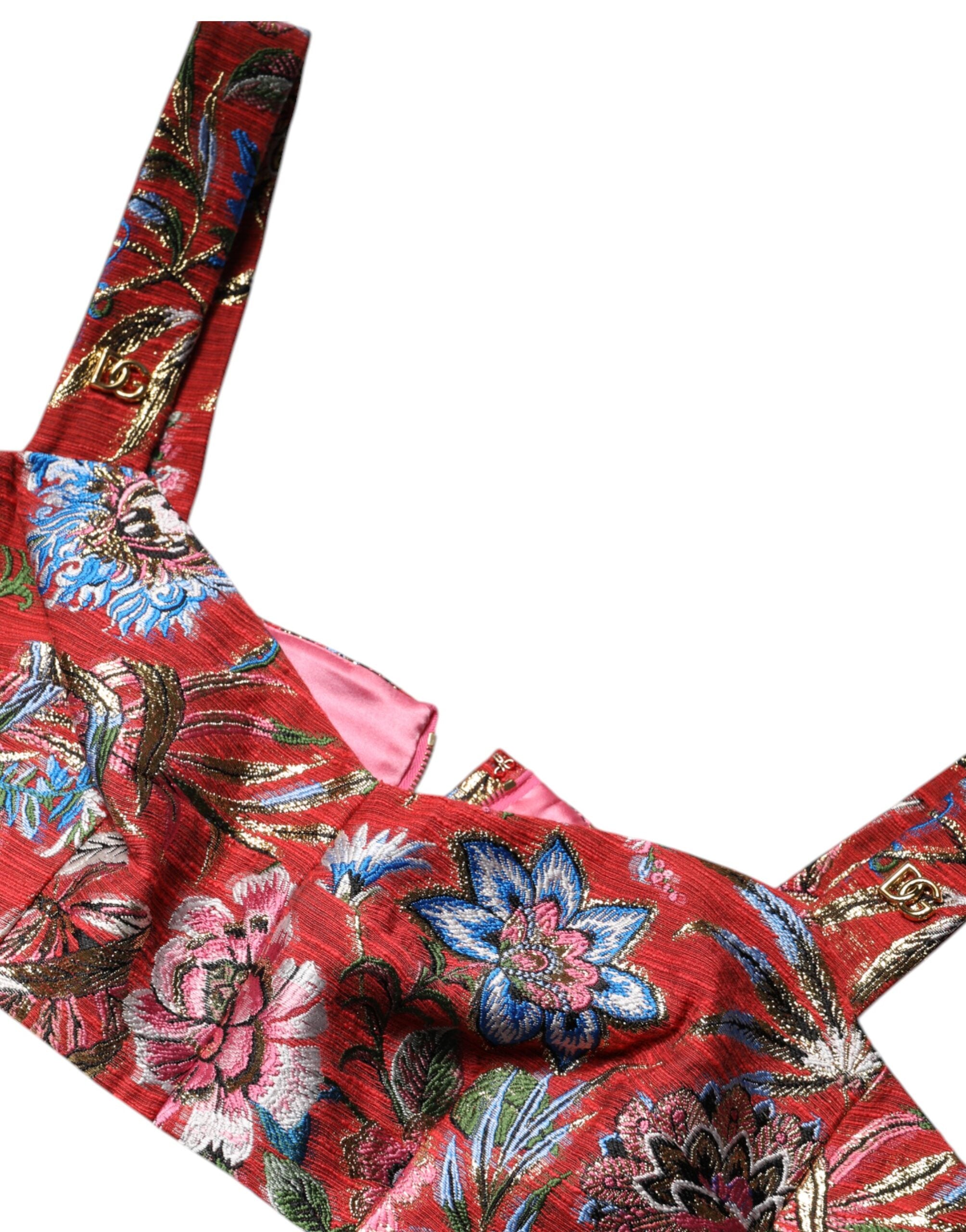 Dolce & Gabbana Red Floral Brocade Cropped Bustier Corset Top