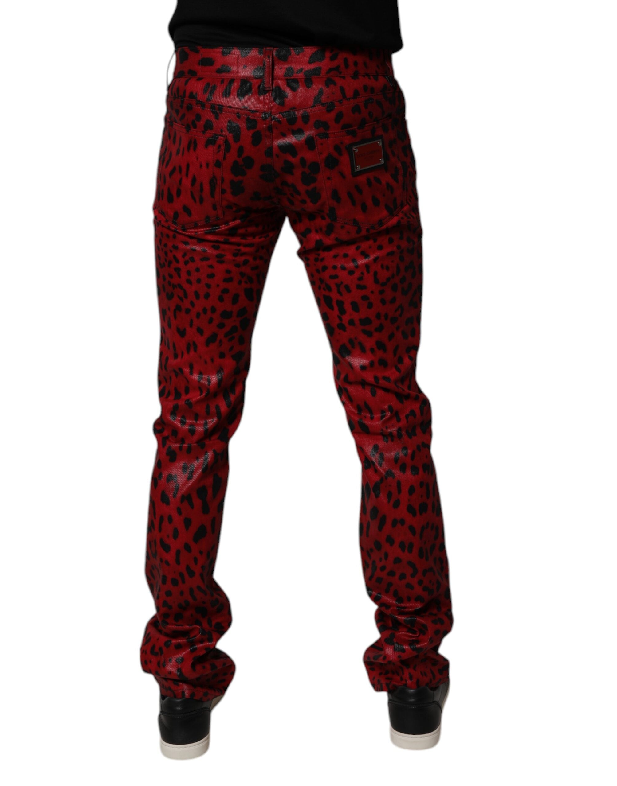 Dolce & Gabbana Red Leopard Cotton Slim Fit Denim Jeans