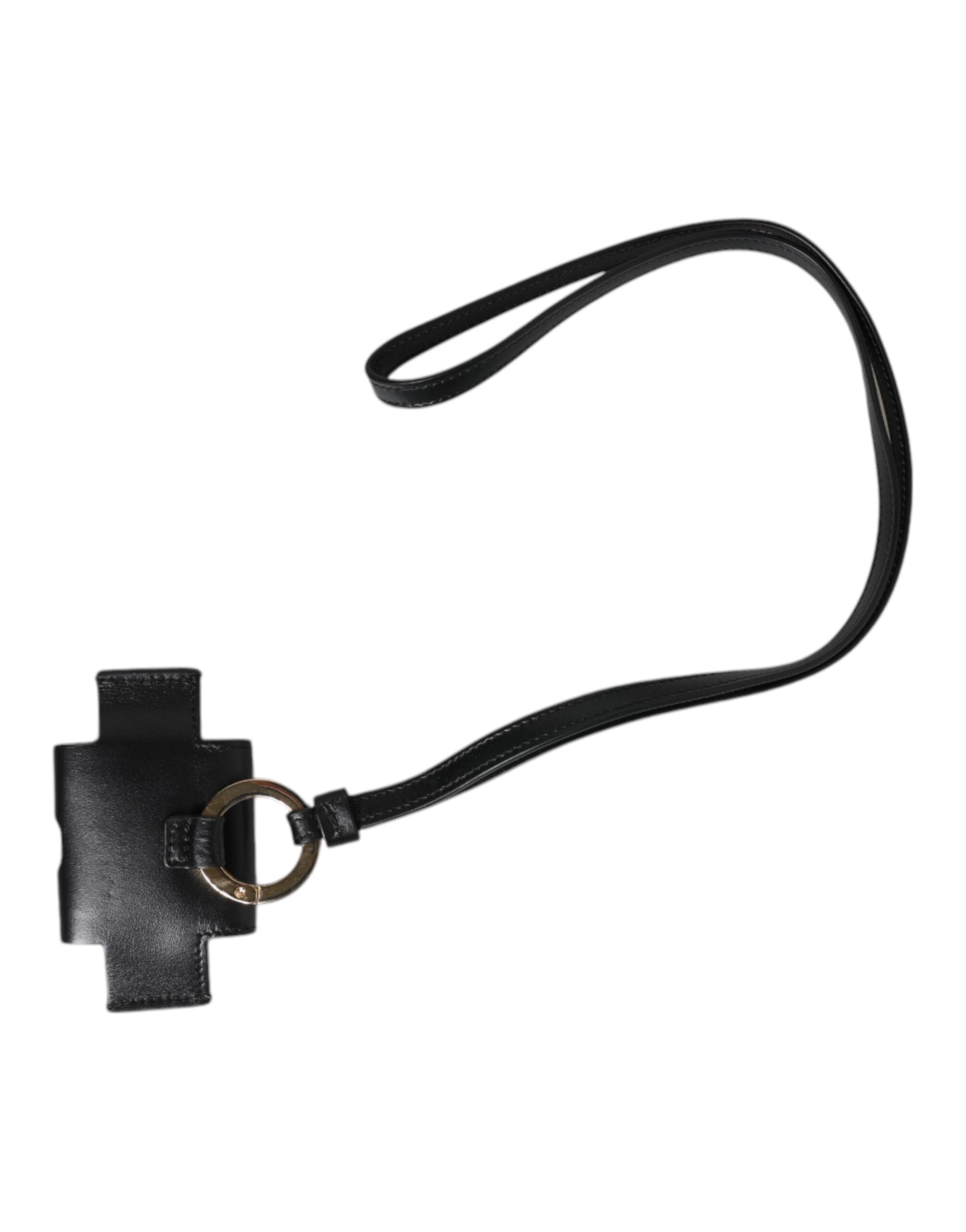 Dolce & Gabbana Black Leather Strap Gold Metal Logo Plaque Airpods Case