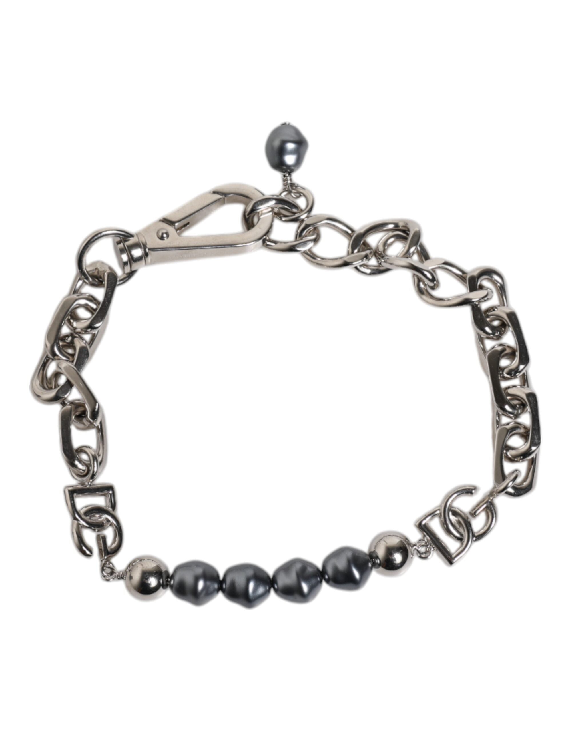 Dolce & Gabbana Silver Tone Chain Lobster Clasp Logo Gray Pearls Bracelet