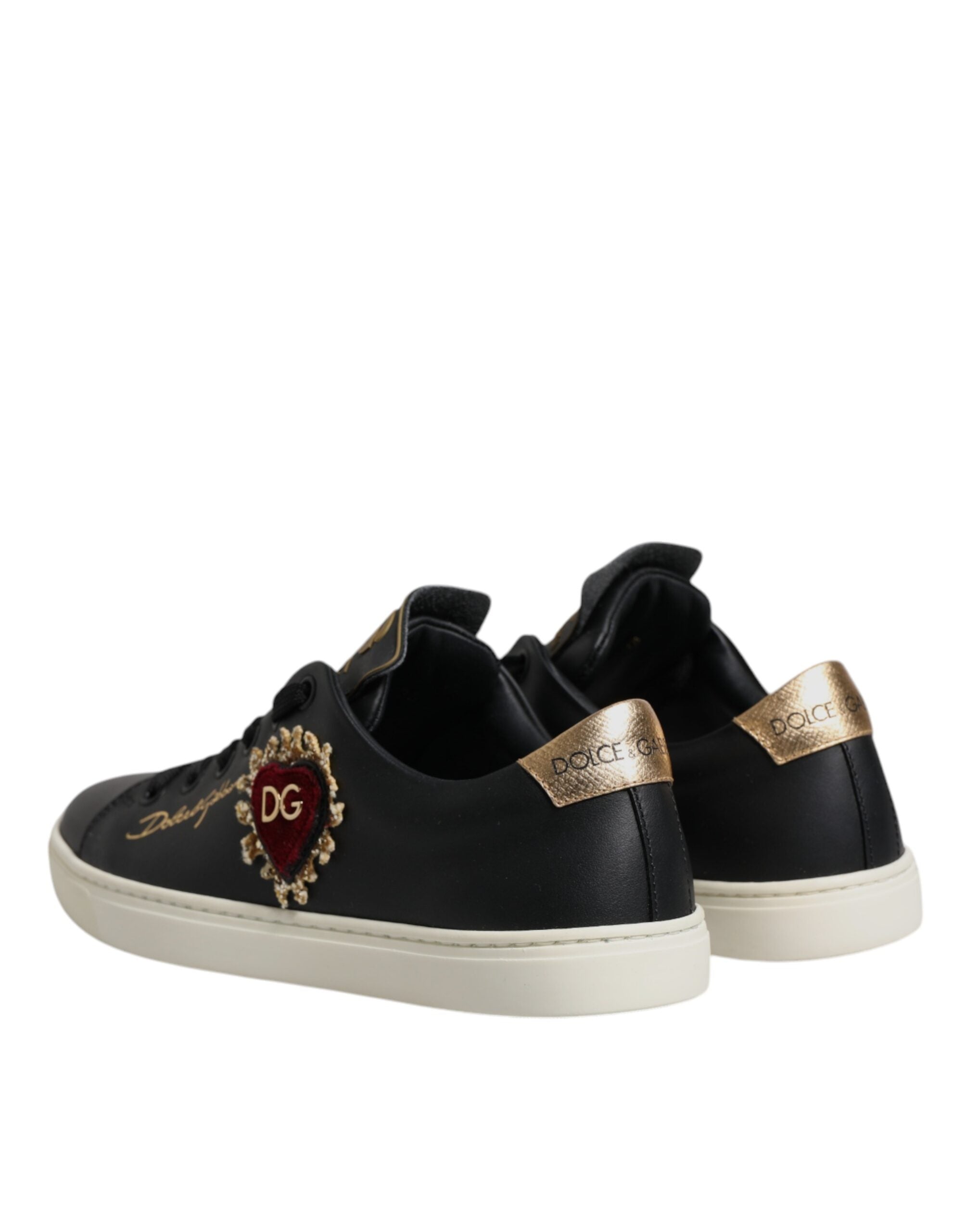 Dolce & Gabbana Black Leather Gold Red Heart Sneakers Shoes