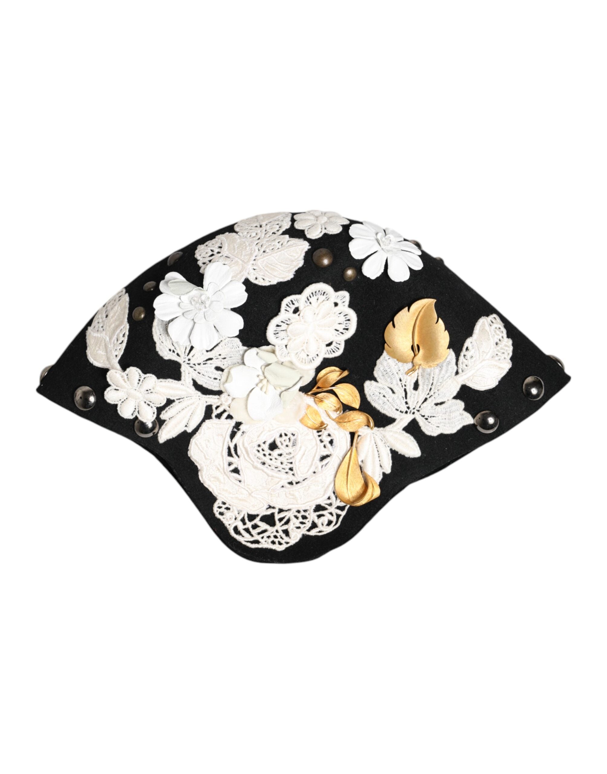 Dolce & Gabbana Black Wool White Floral Gold Leaf Cloche Hat