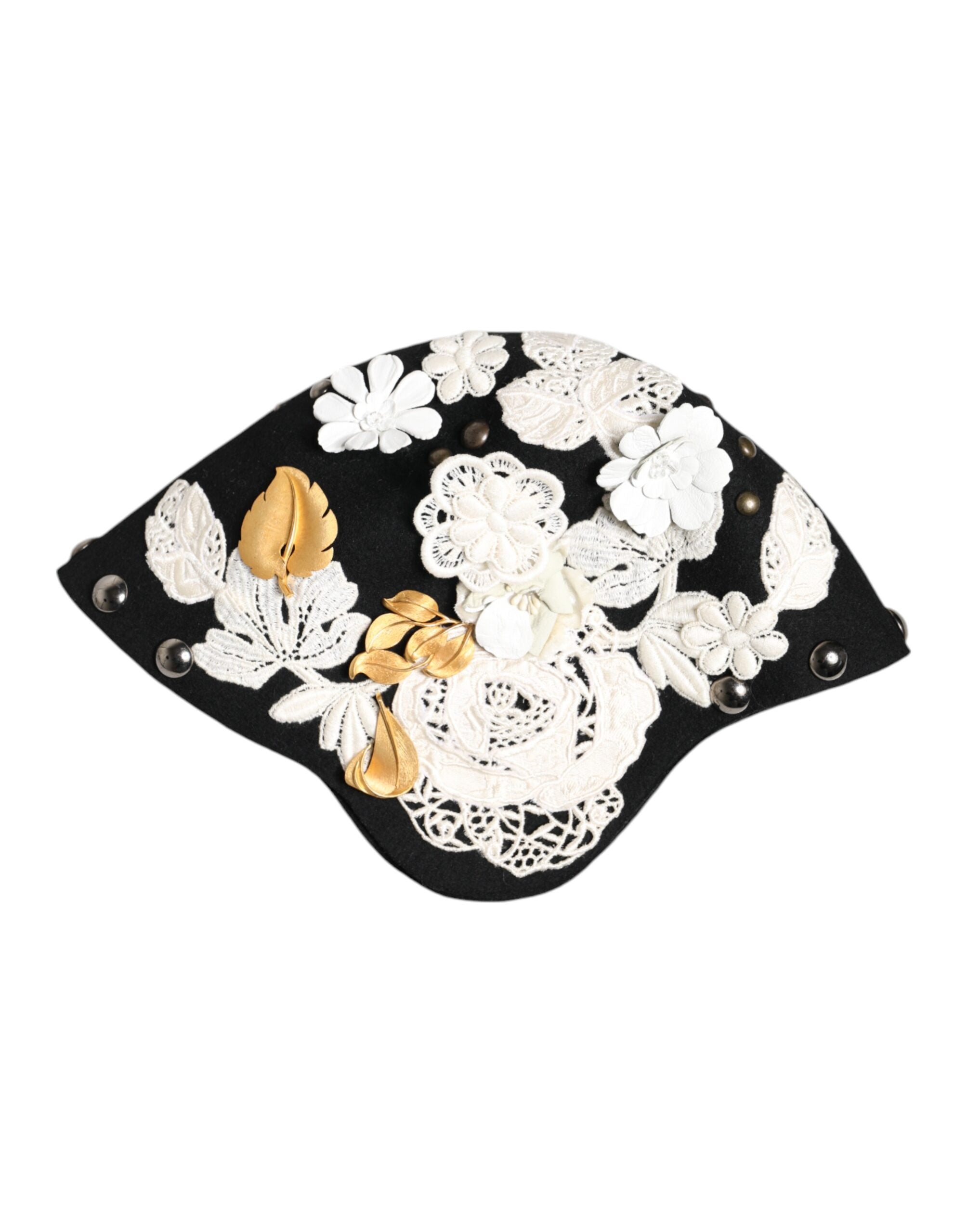 Dolce & Gabbana Black Wool White Floral Gold Leaf Cloche Hat