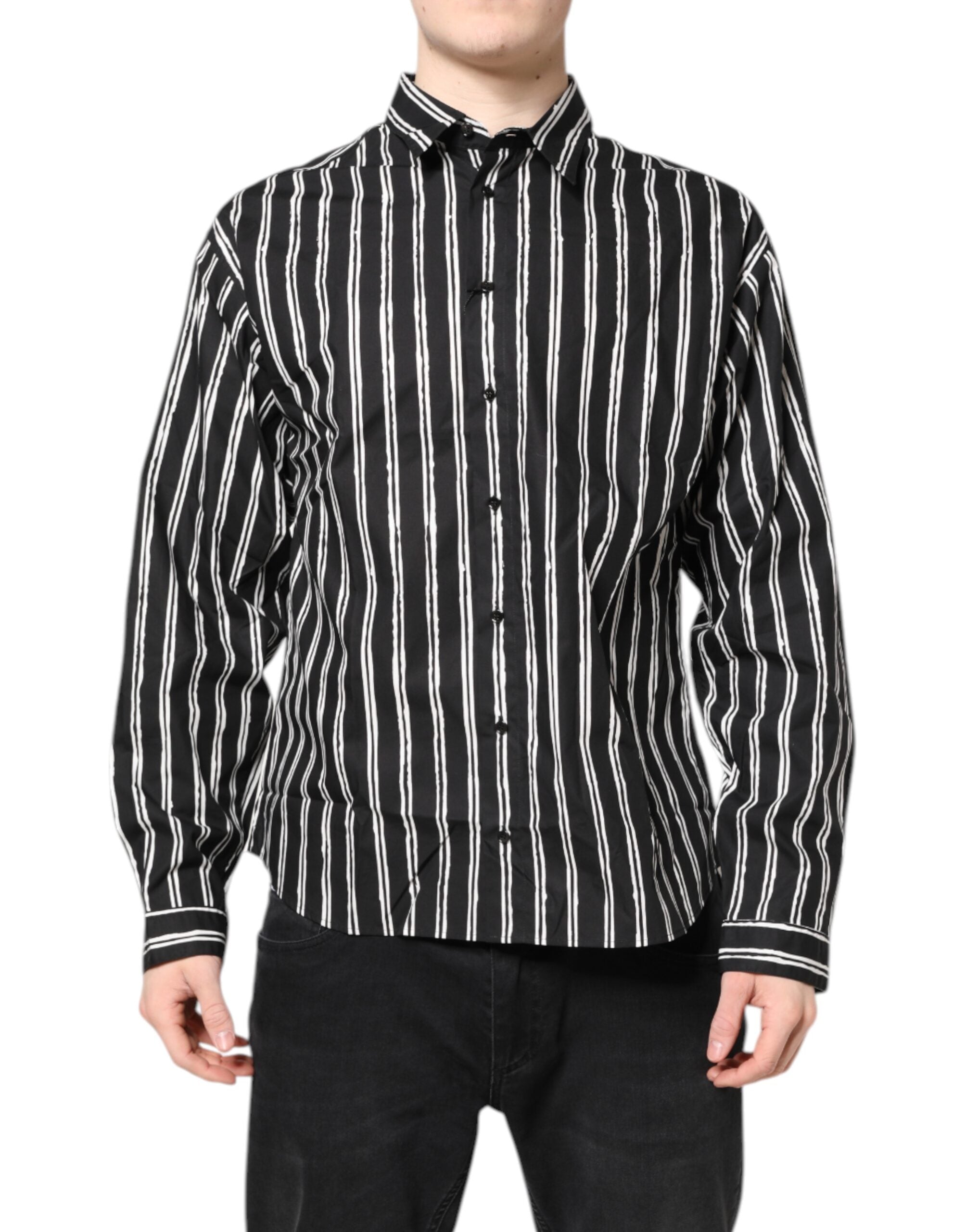 Dolce & Gabbana Black White Striped Cotton Dress Shirt