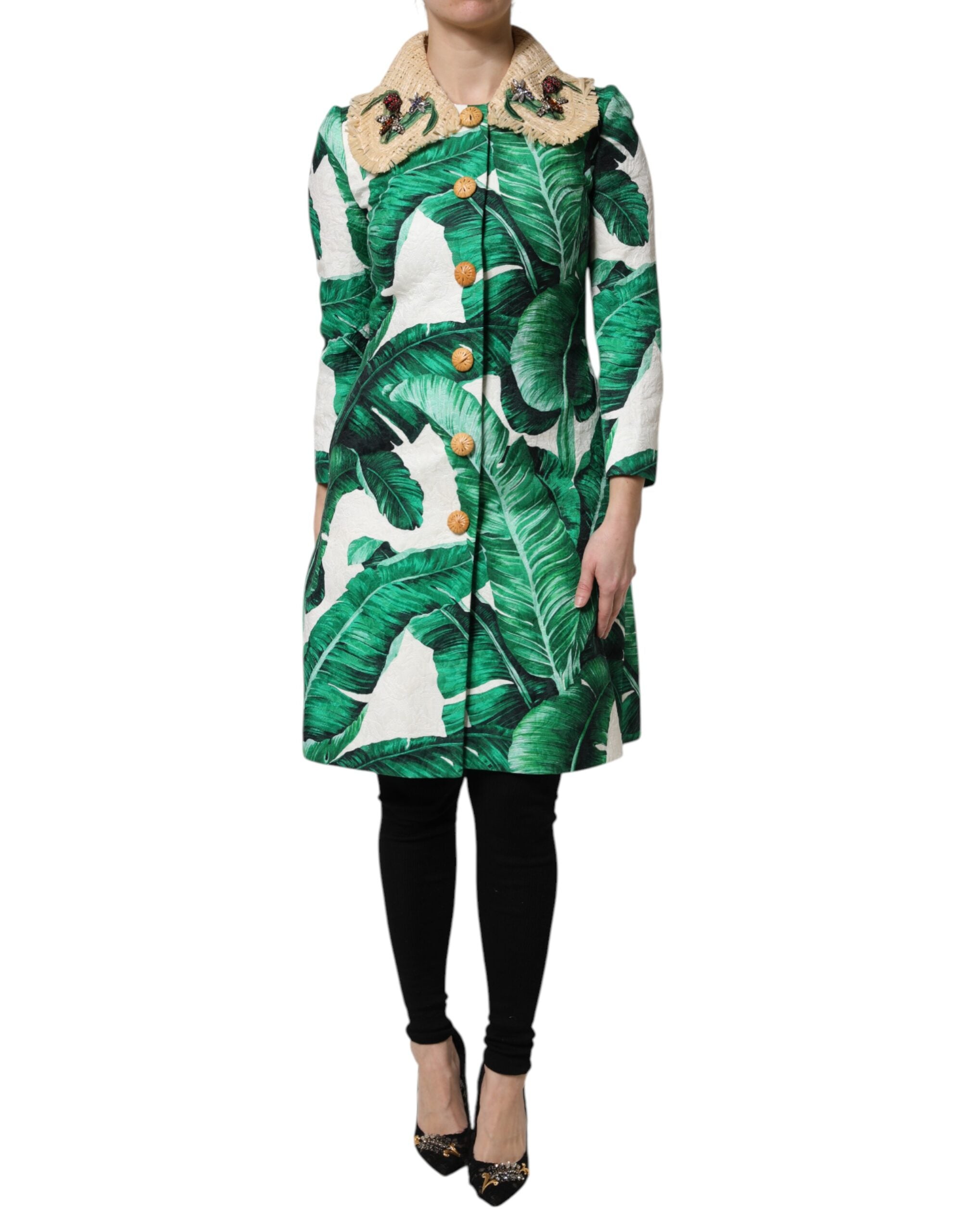 Dolce & Gabbana Multicolor Leaf Print Embellished Trenchcoat Jacket