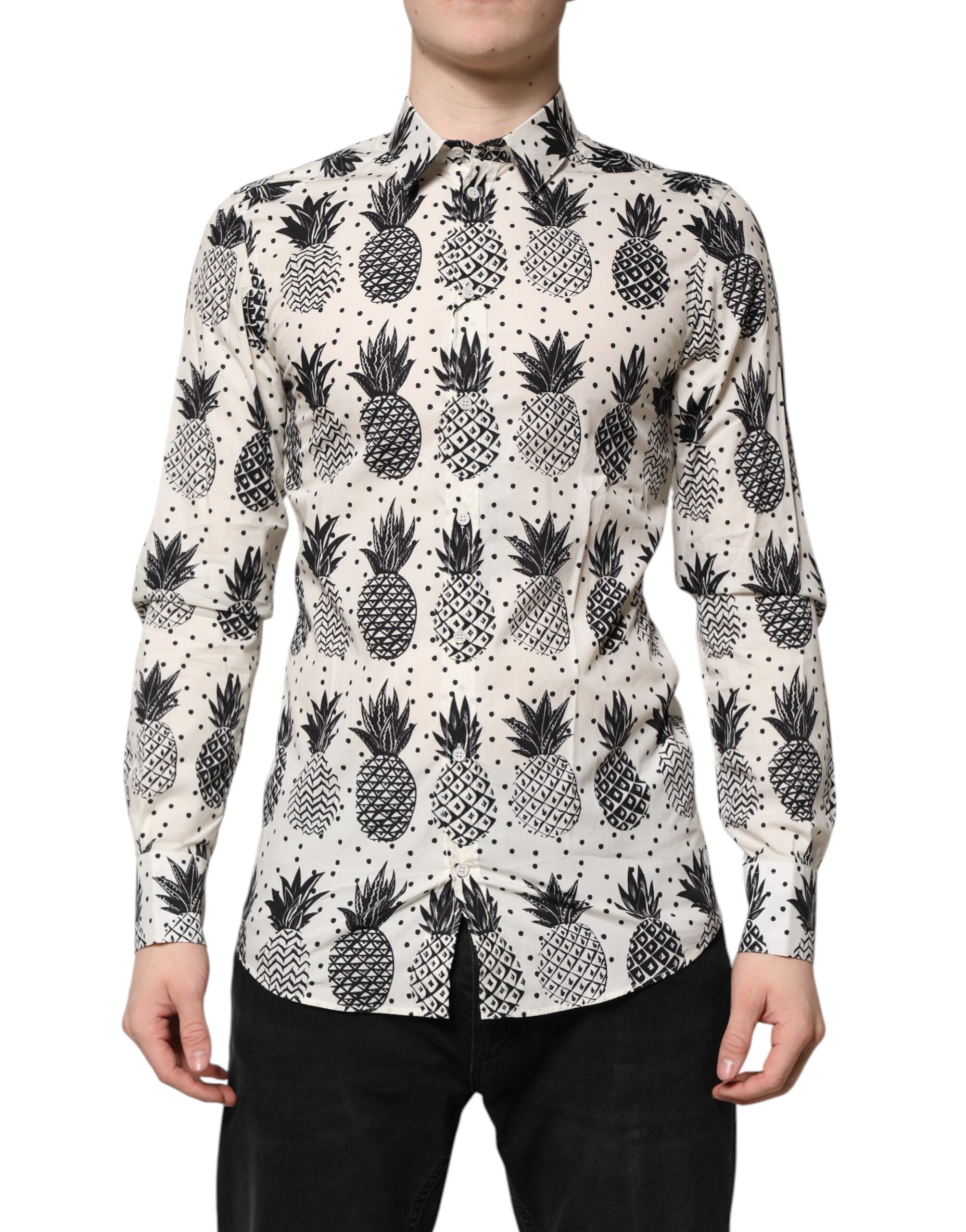 Dolce & Gabbana White Pineapple Print Long Sleeve GOLD Shirt
