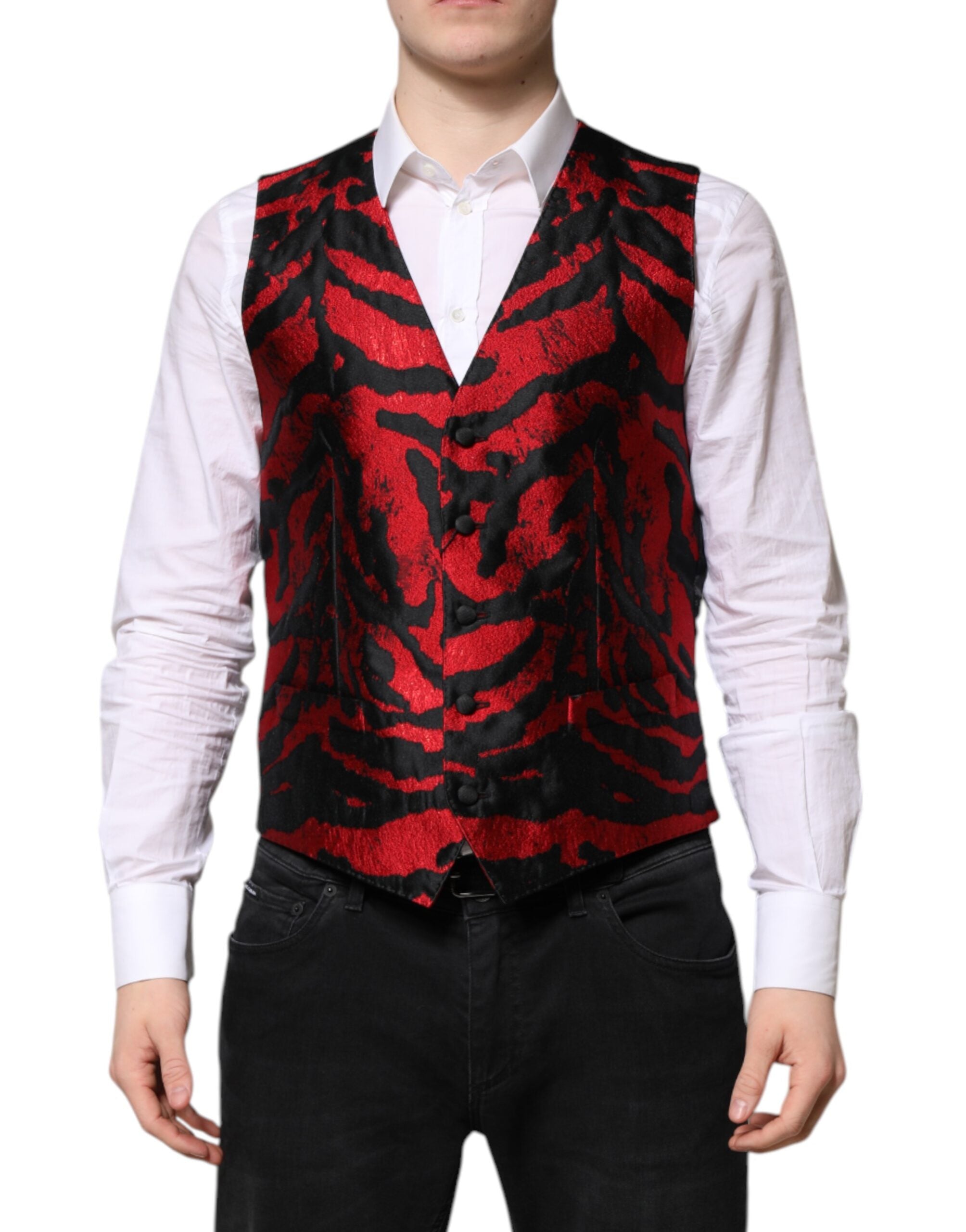 Dolce & Gabbana Red Black Stripe Dress Formal Waistcoat Vest