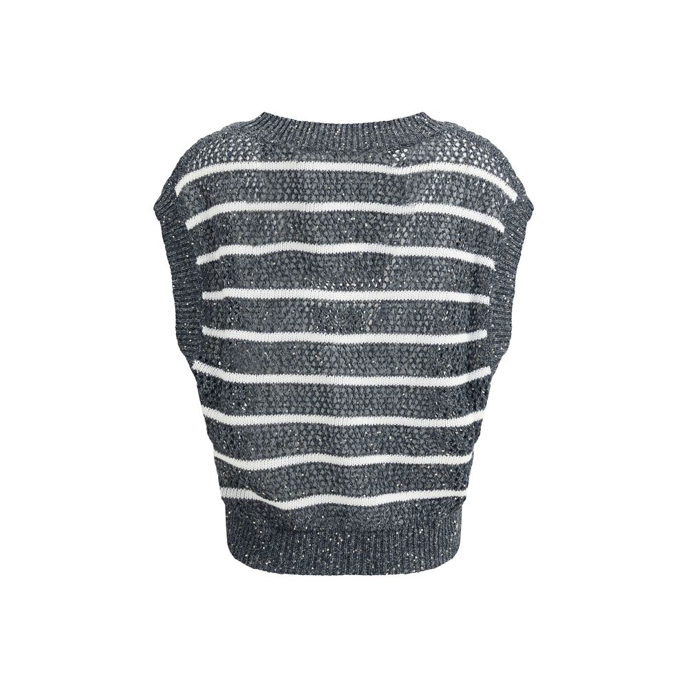 Brunello Cucinelli Blue Linen Sleeveles Sweater