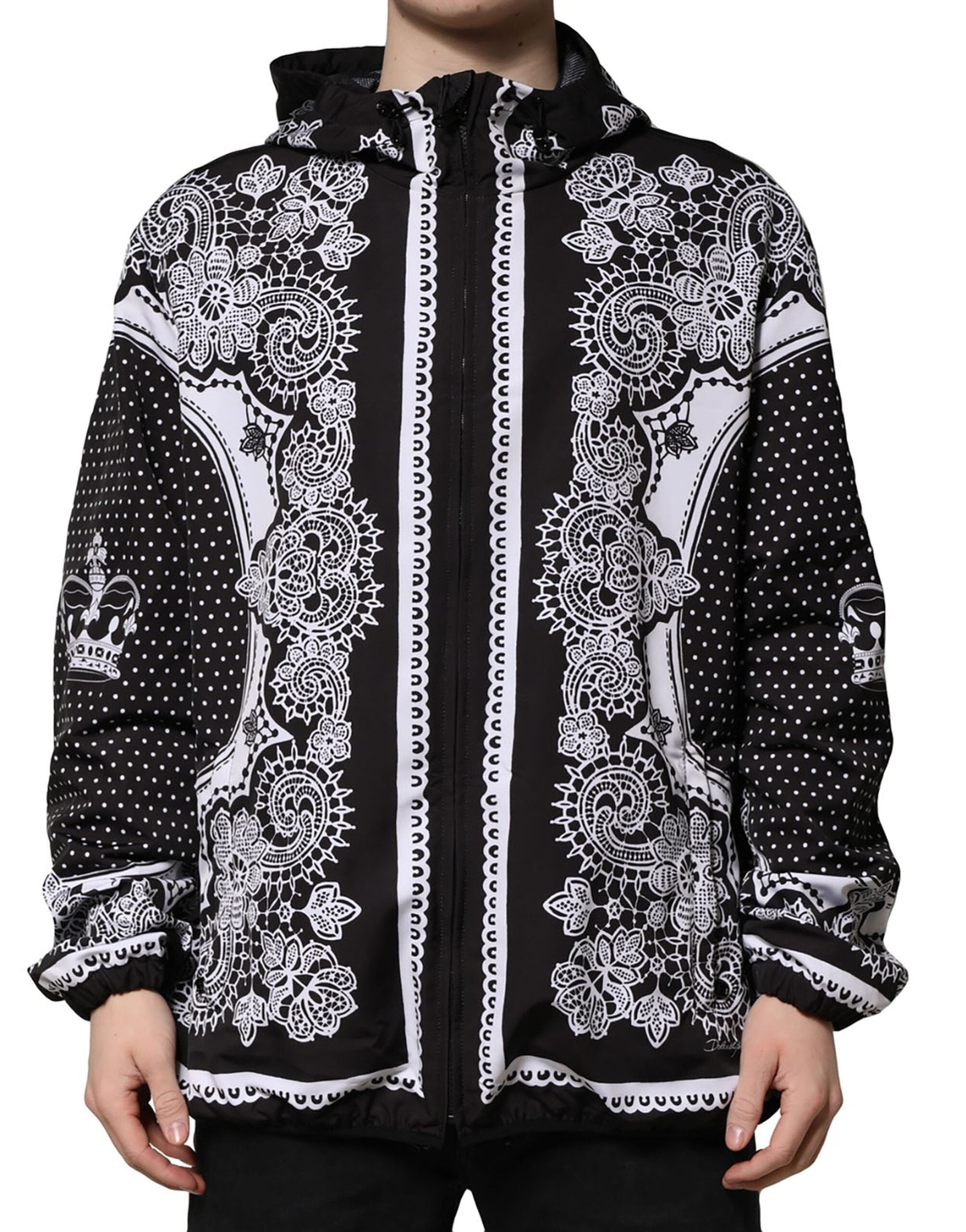 Dolce & Gabbana Black Bandana Print Hooded Bomber Jacket