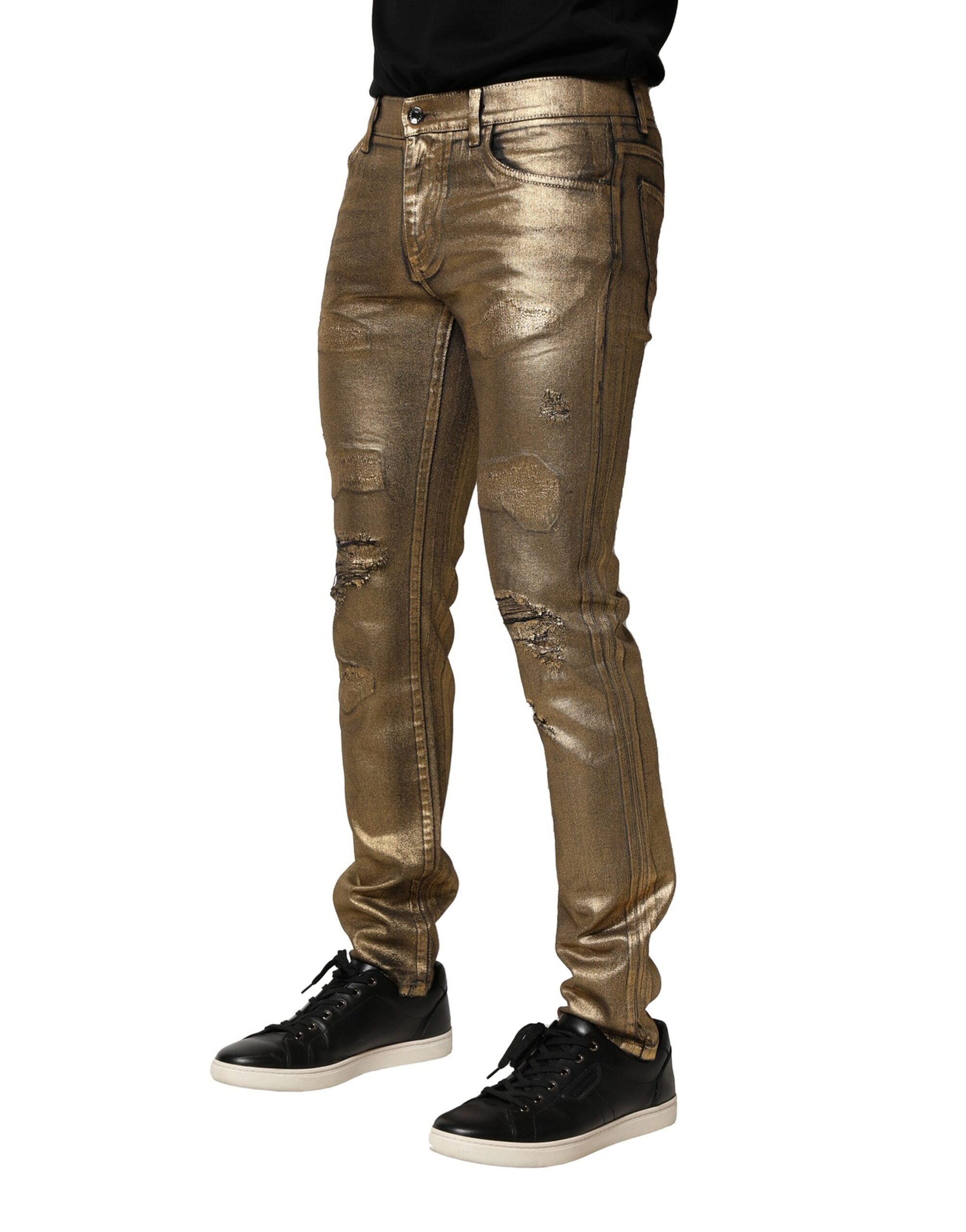 Dolce & Gabbana Gold Tattered Cotton Stretch Slim Denim Jeans