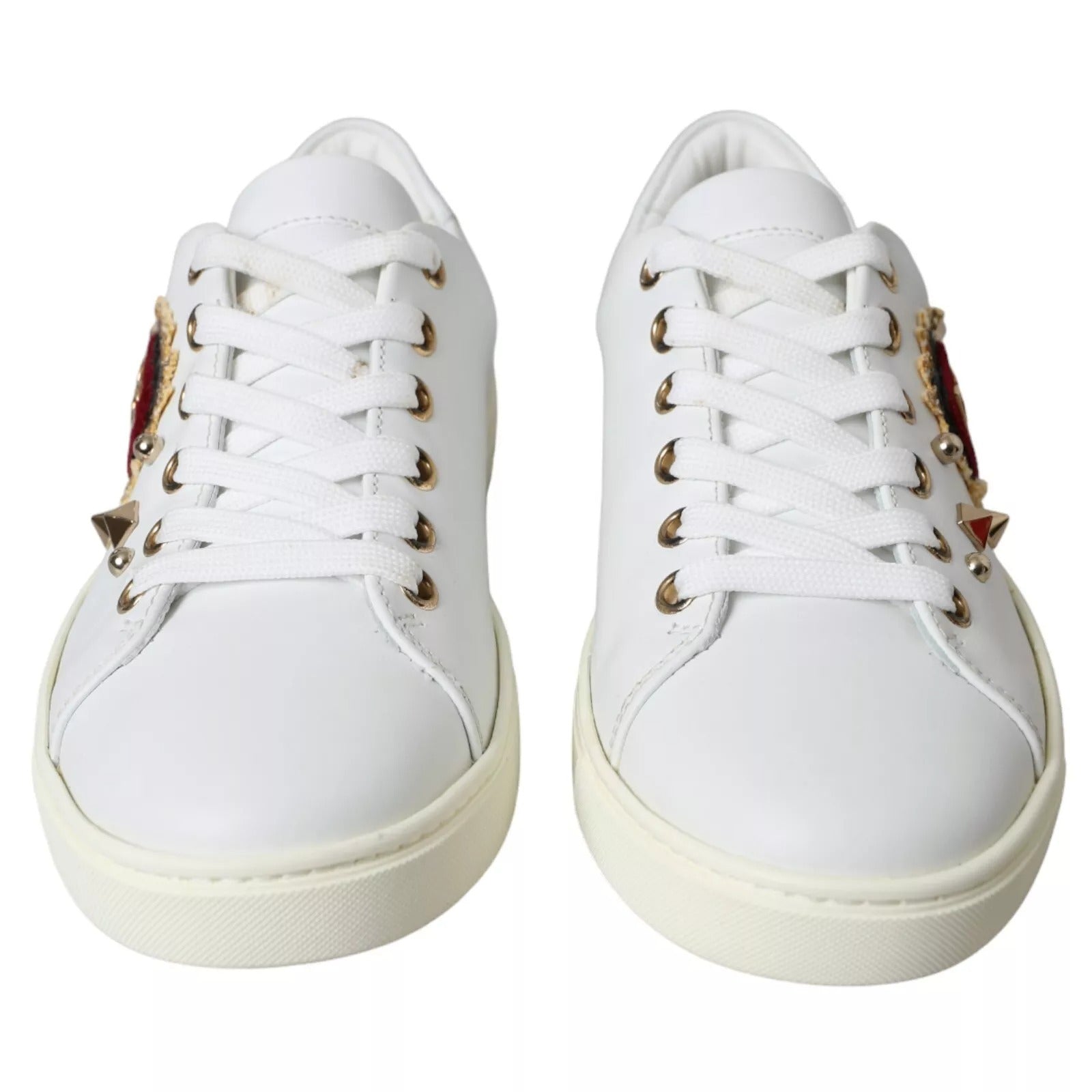 Dolce & Gabbana White Leather Gold Red Heart Sneakers Shoes
