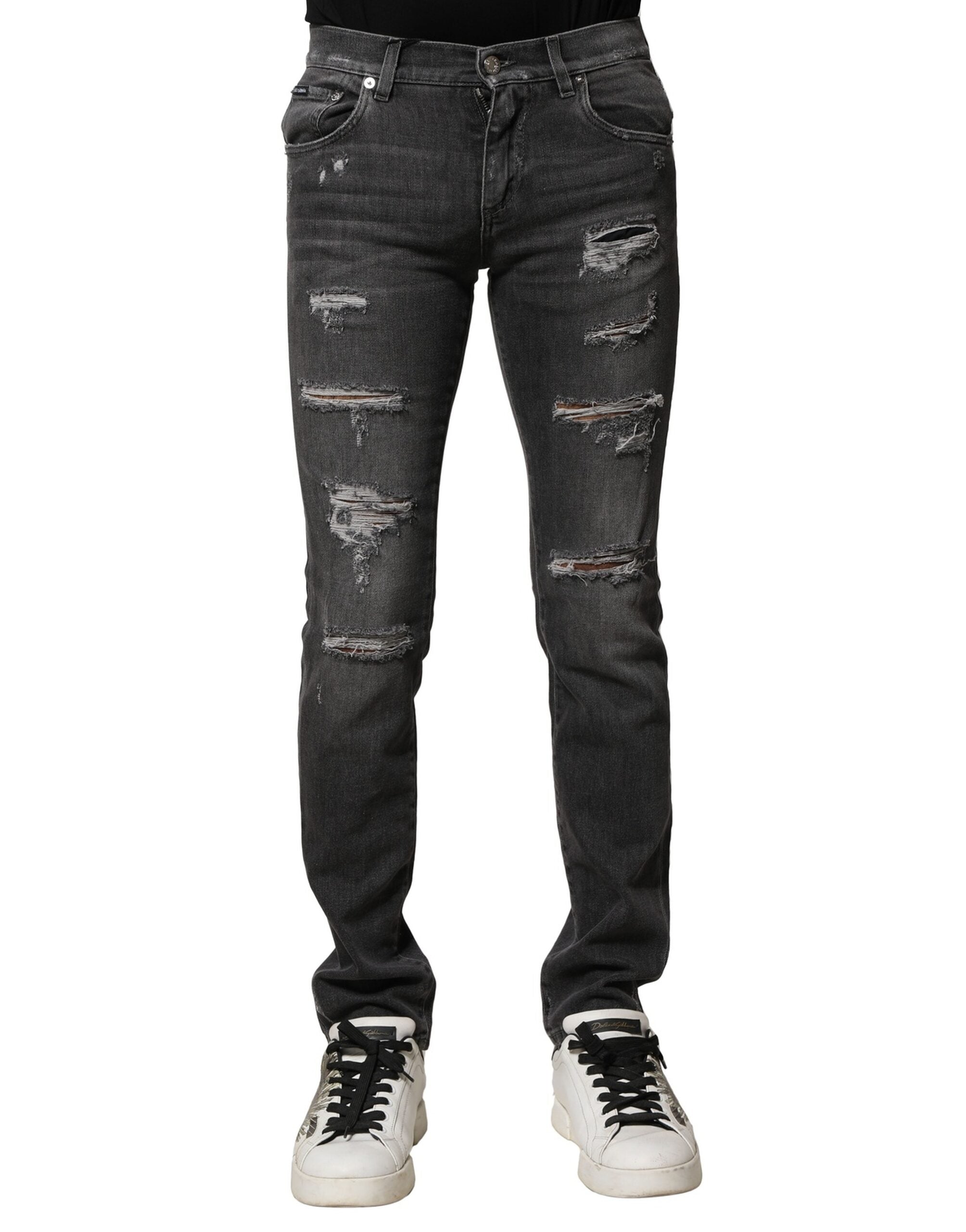 Dolce & Gabbana Black Washed Tattered Slim Fit Denim Jeans