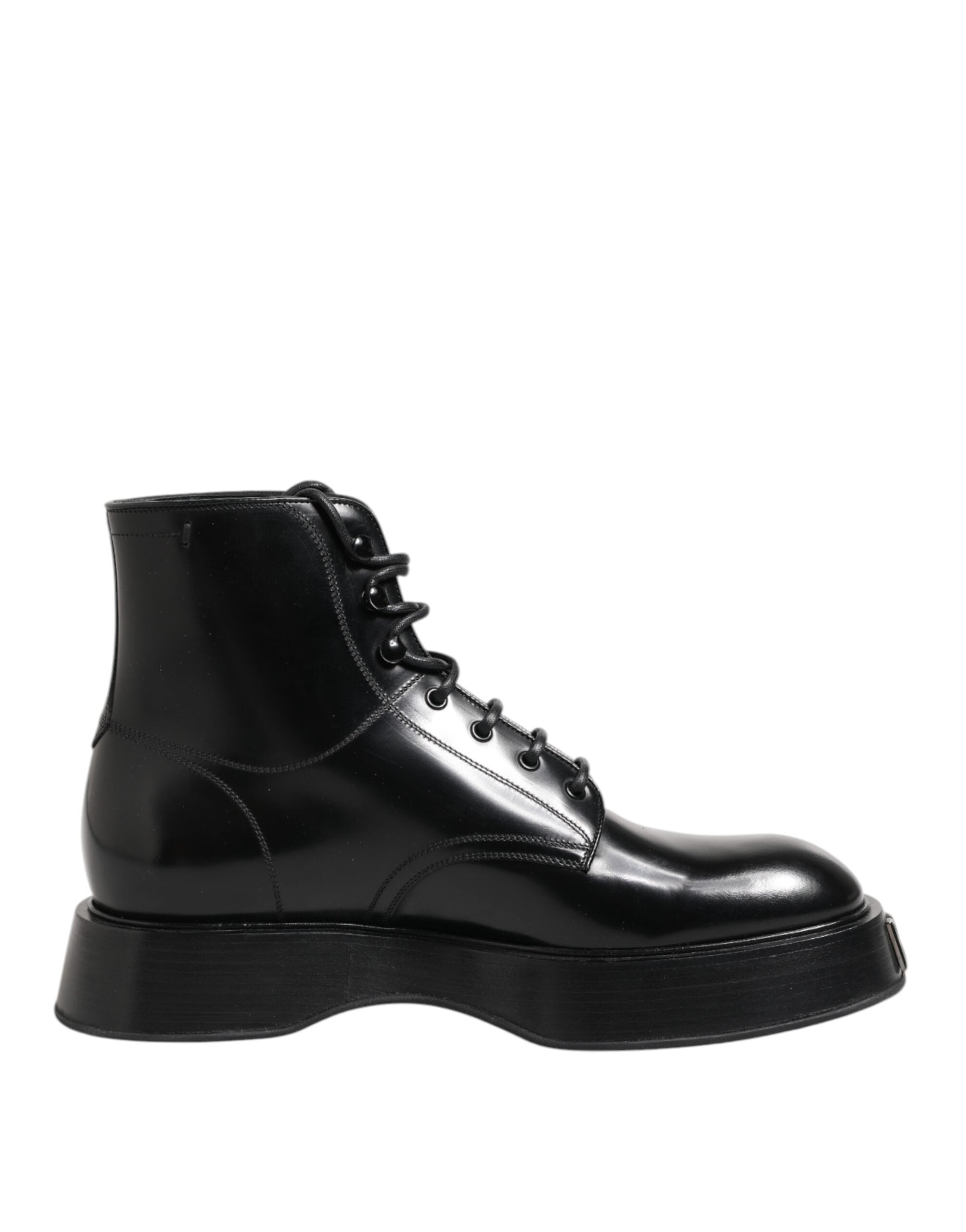 Dolce & Gabbana Black Leather Logo Ankle Boots Lace Up Shoes
