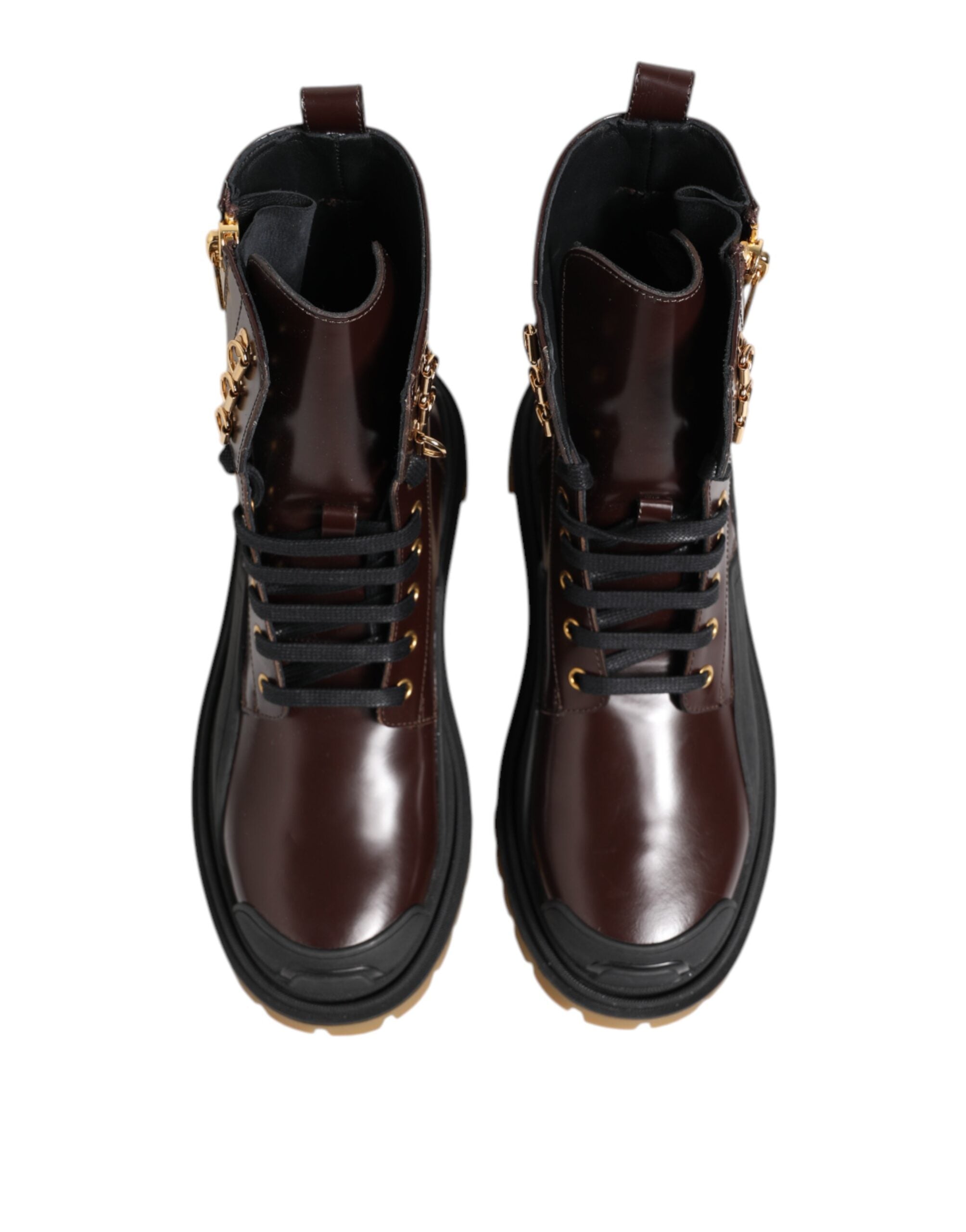 Dolce & Gabbana Brown Black Leather Boots Zipper Lace Up Shoes