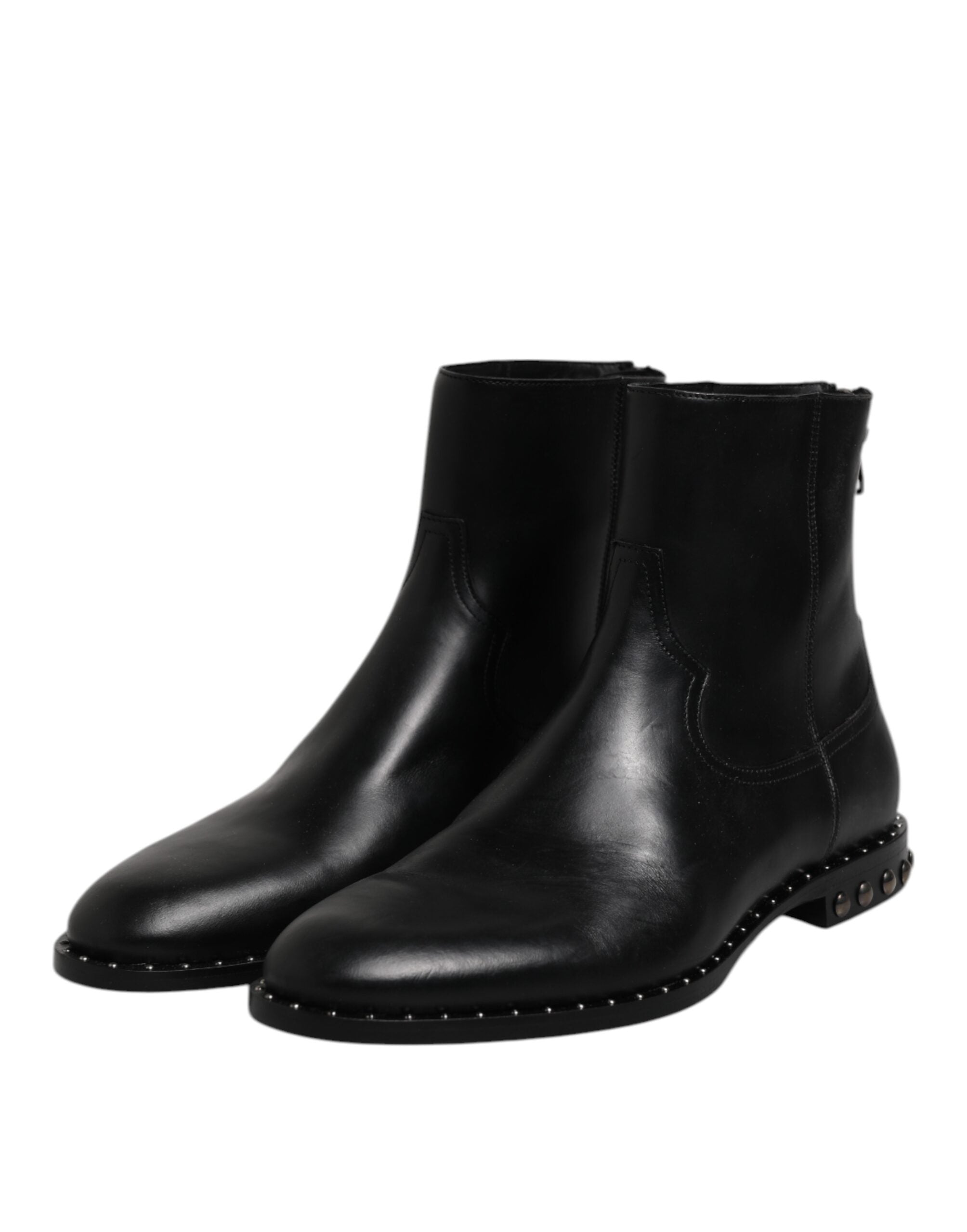Dolce & Gabbana Black Leather Logo Ankle Boots Studded Shoes