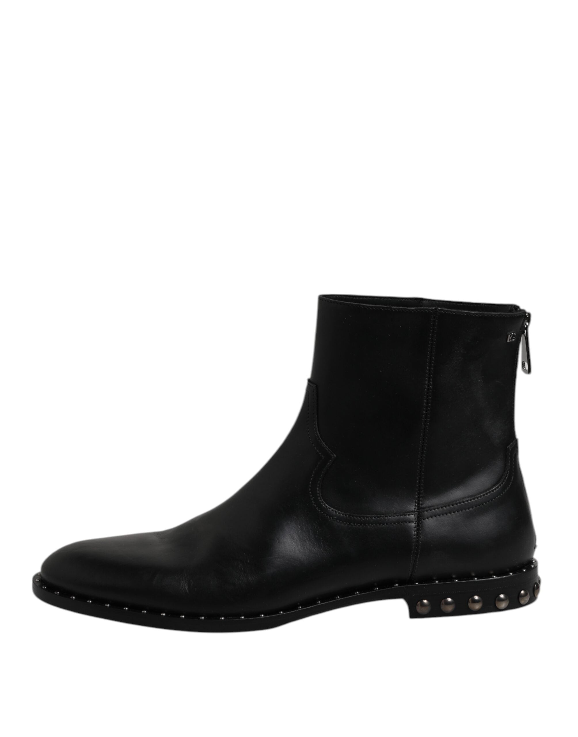 Dolce & Gabbana Black Leather Logo Ankle Boots Studded Shoes