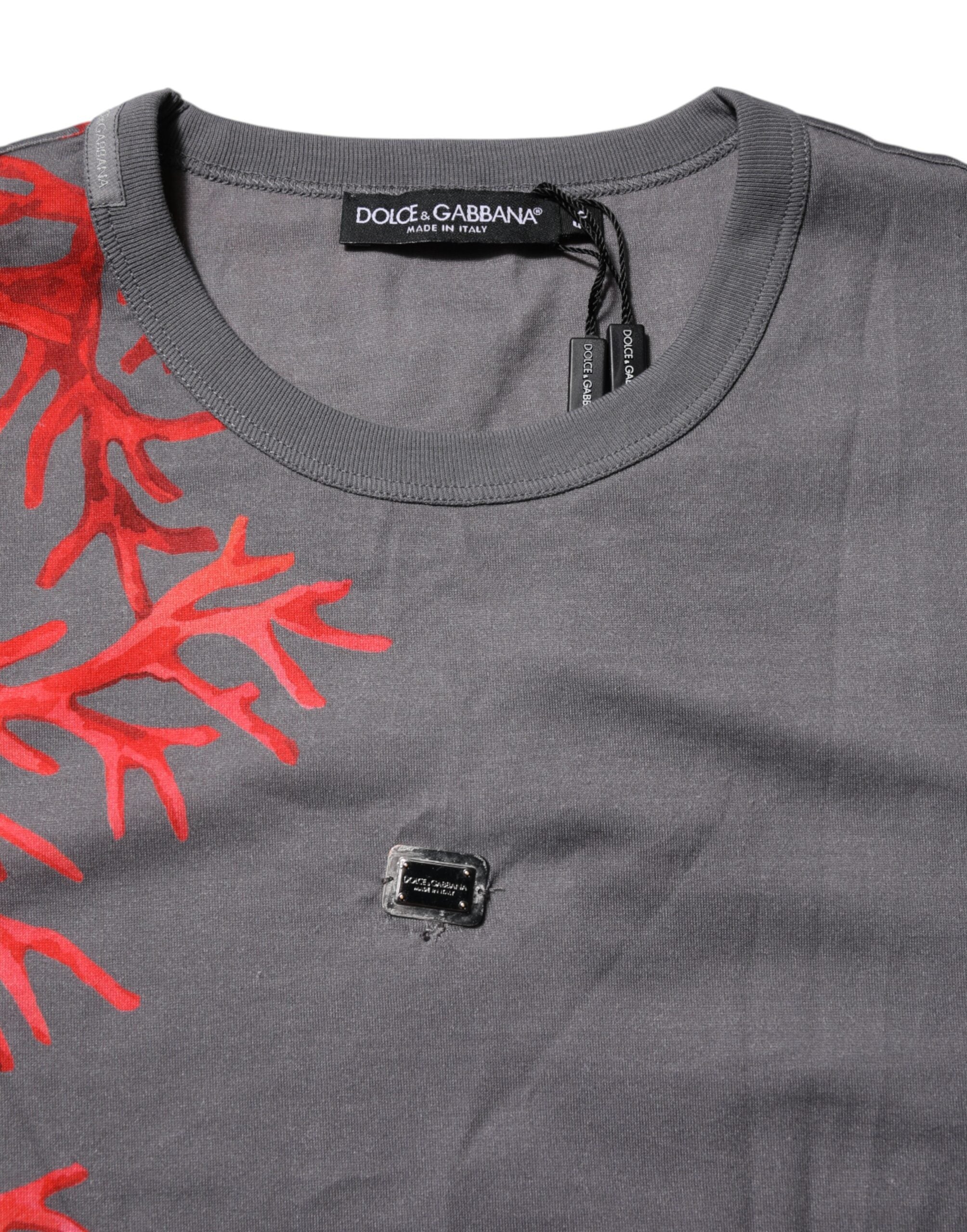 Dolce & Gabbana Gray Cotton Coral Print Logo Plaque T-shirt