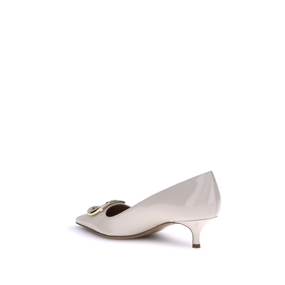 Ferragamo Cream Calf Leather Bos Taurus Mid Heel Pumps