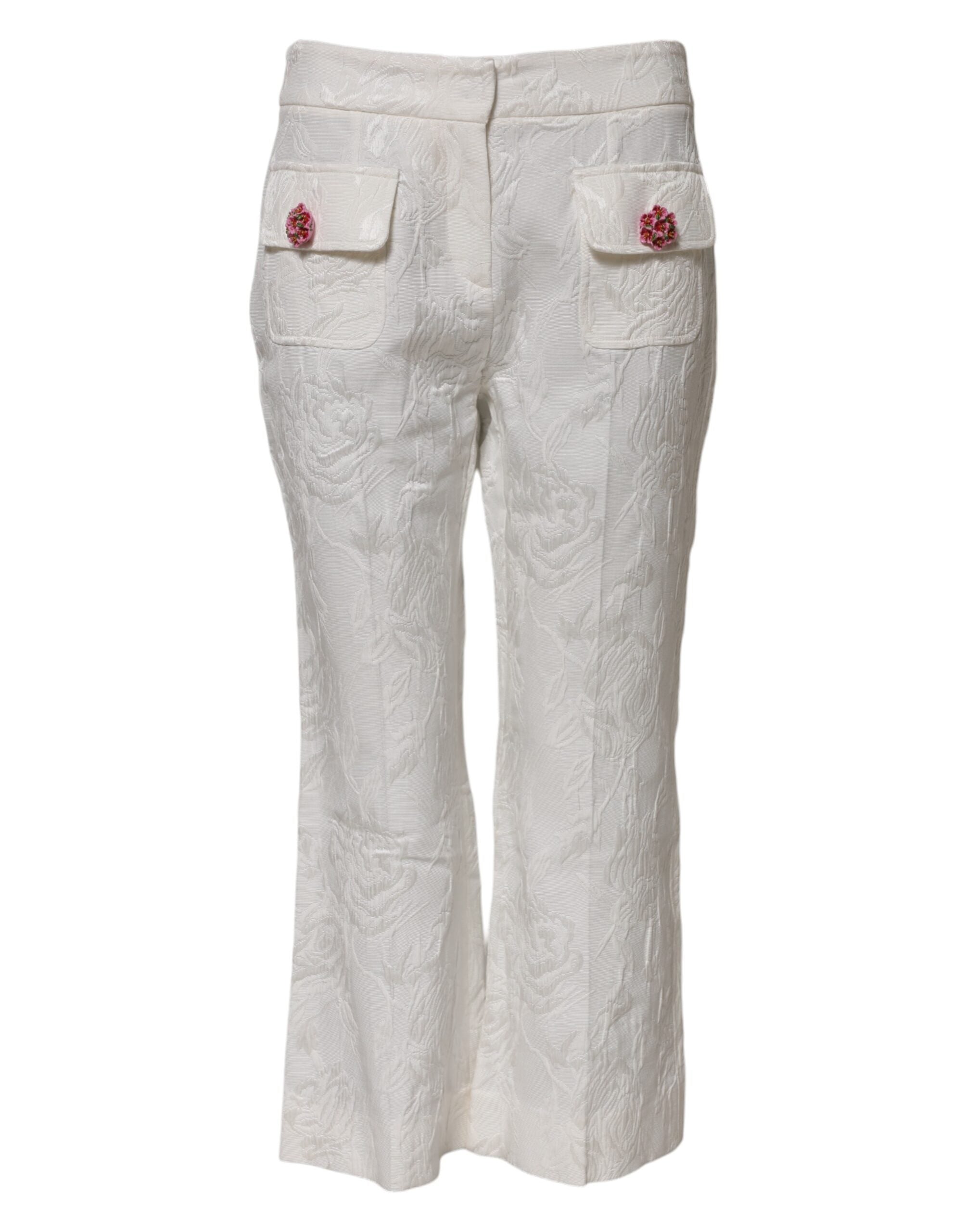 Dolce & Gabbana White Cotton Floral Jacquard Pants