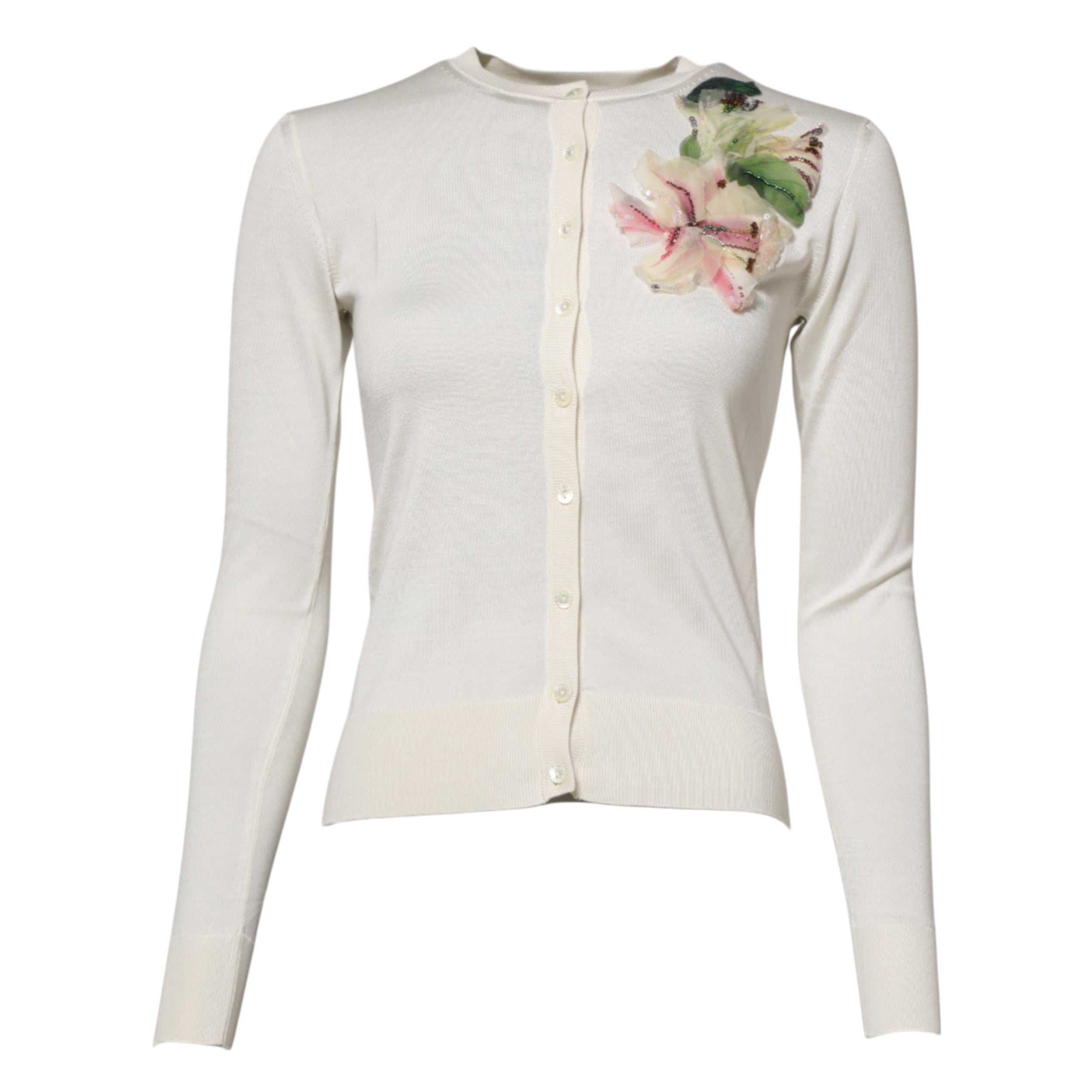 Dolce & Gabbana White Silk Lily Buttoned Cardigan Sweater