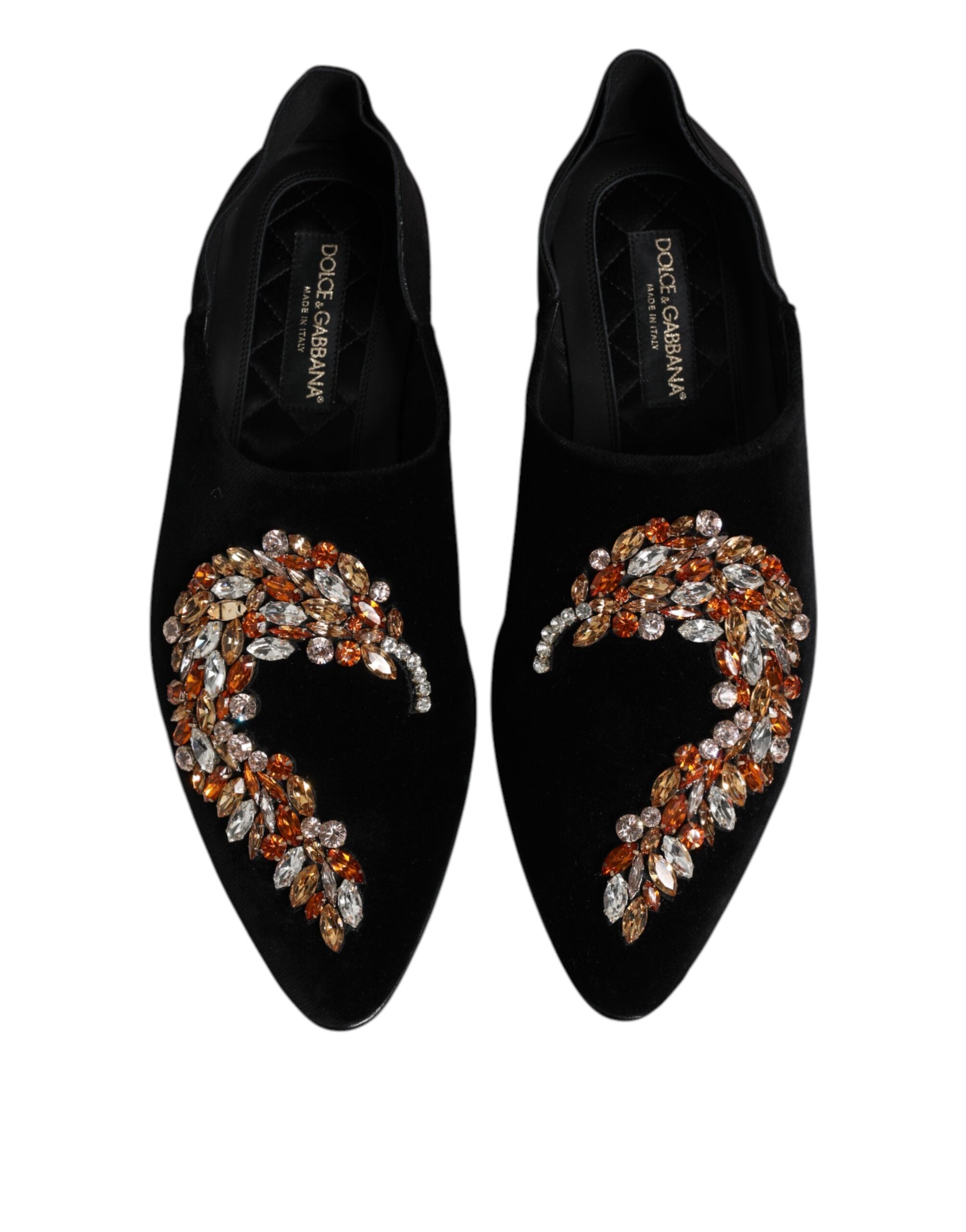 Dolce & Gabbana Black Velvet Embellished Loafer Slip On Shoes
