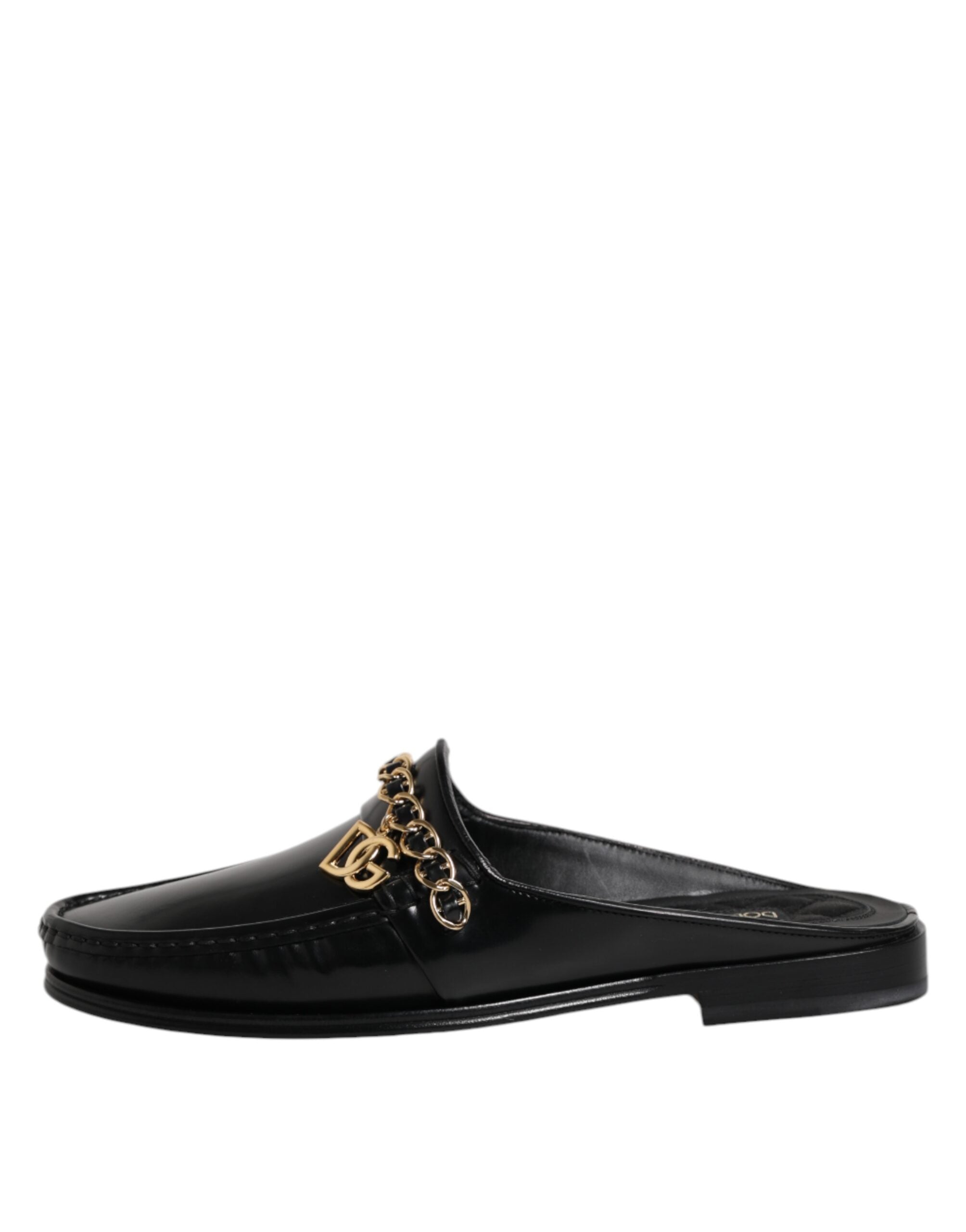 Dolce & Gabbana Black Leather DG Chain Embellished Sandals Shoes