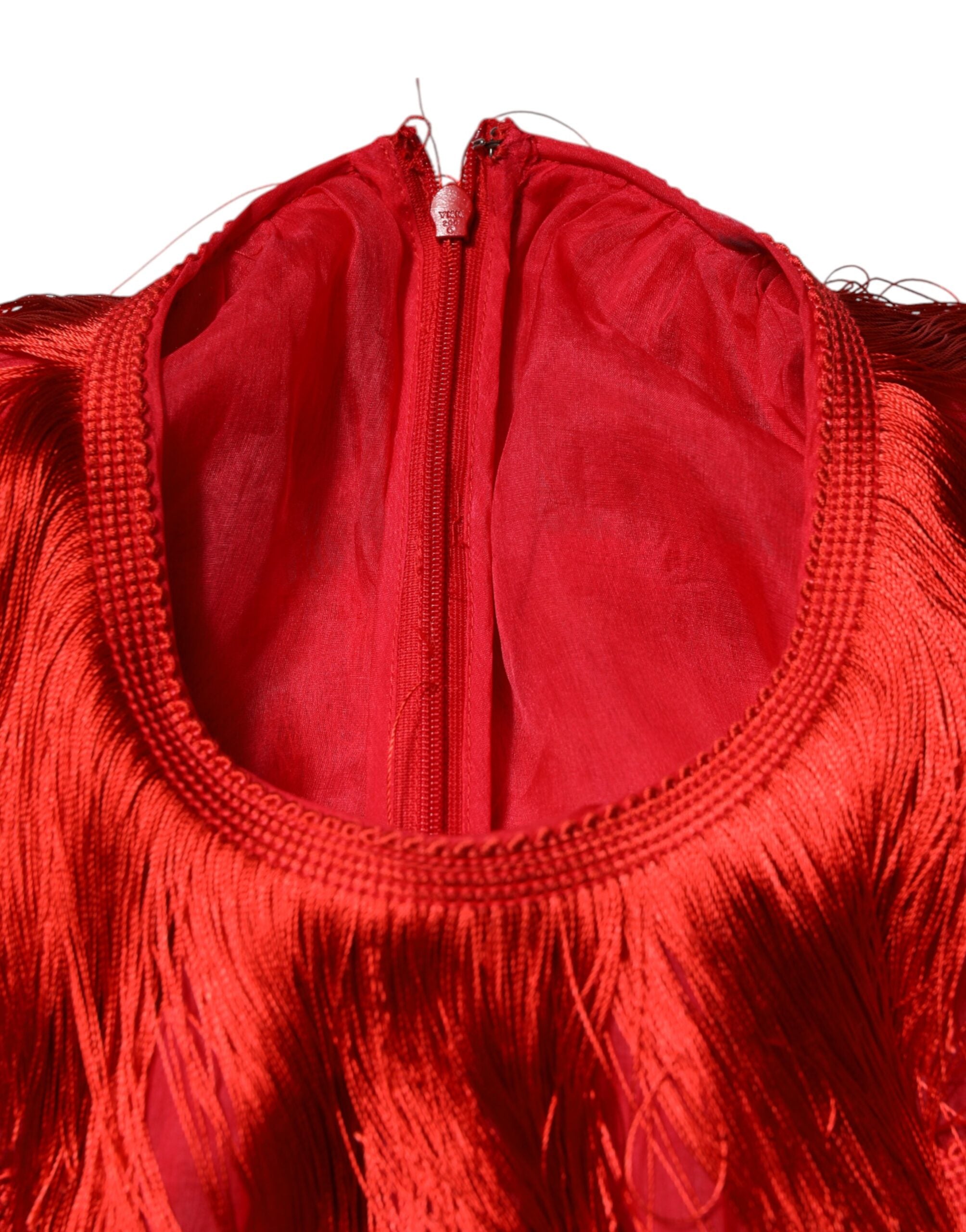 Dolce & Gabbana Red Silk Tiers Fringe Shift Knee Length Dress