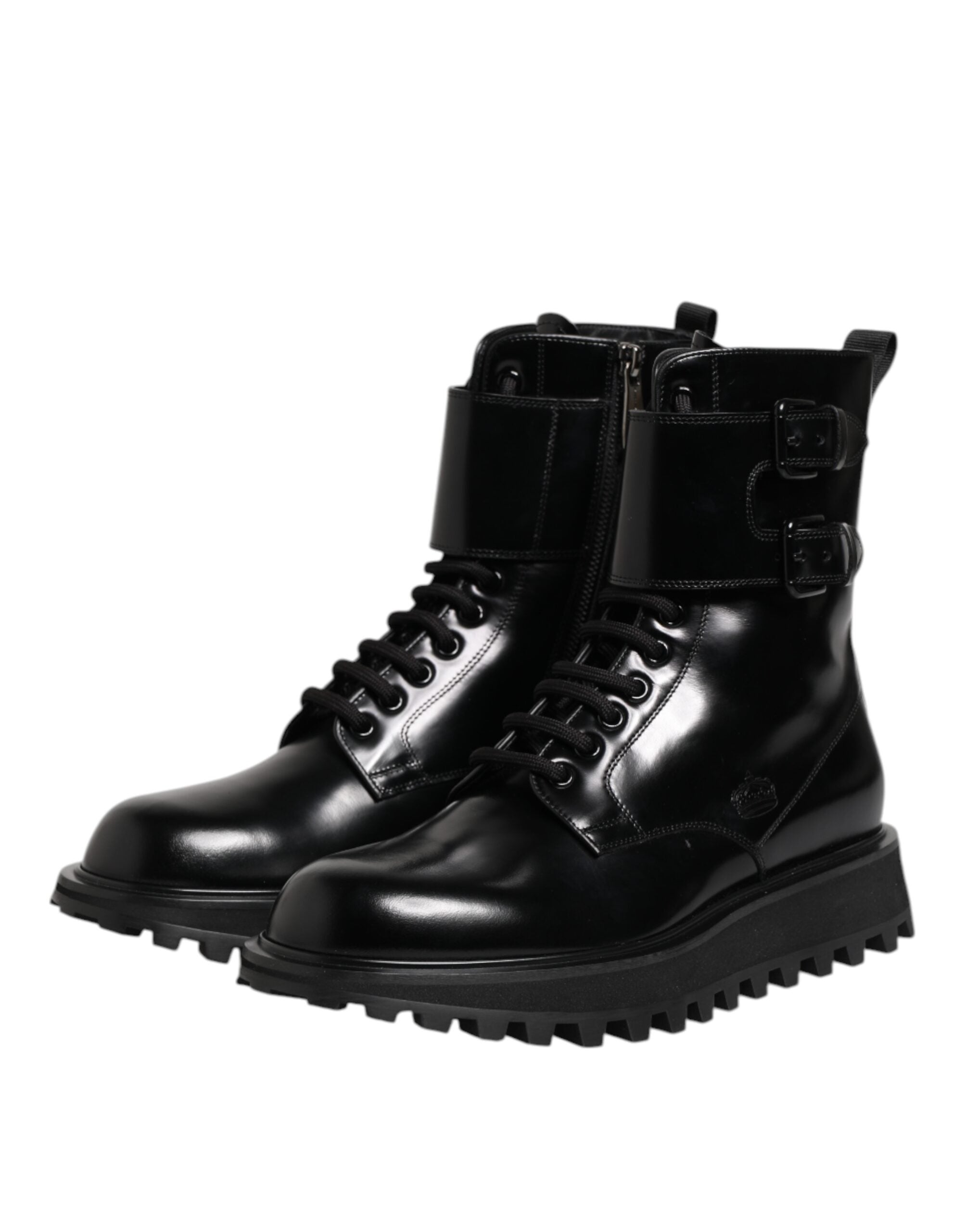 Dolce & Gabbana Black Leather Lace Up Mid Calf Boots Shoes