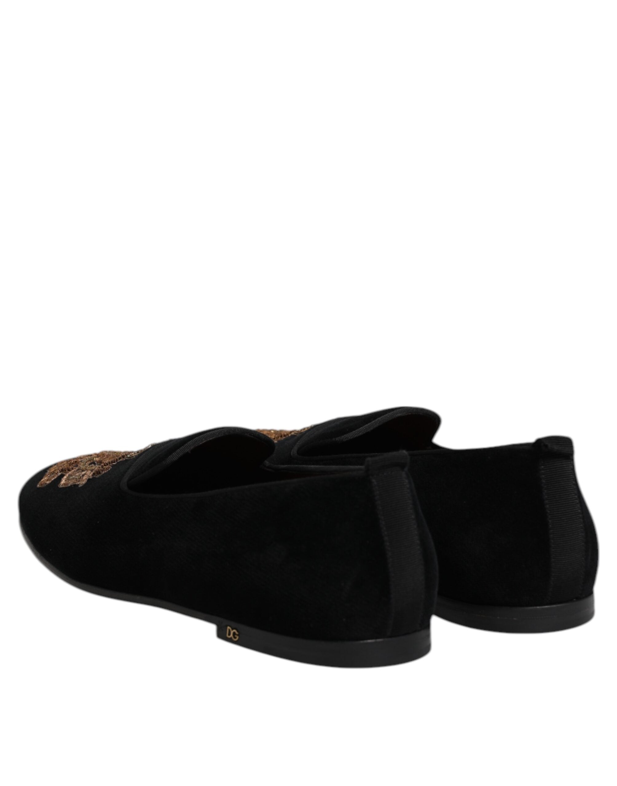 Dolce & Gabbana Black Velvet Gold Crown Mens Loafers Shoes