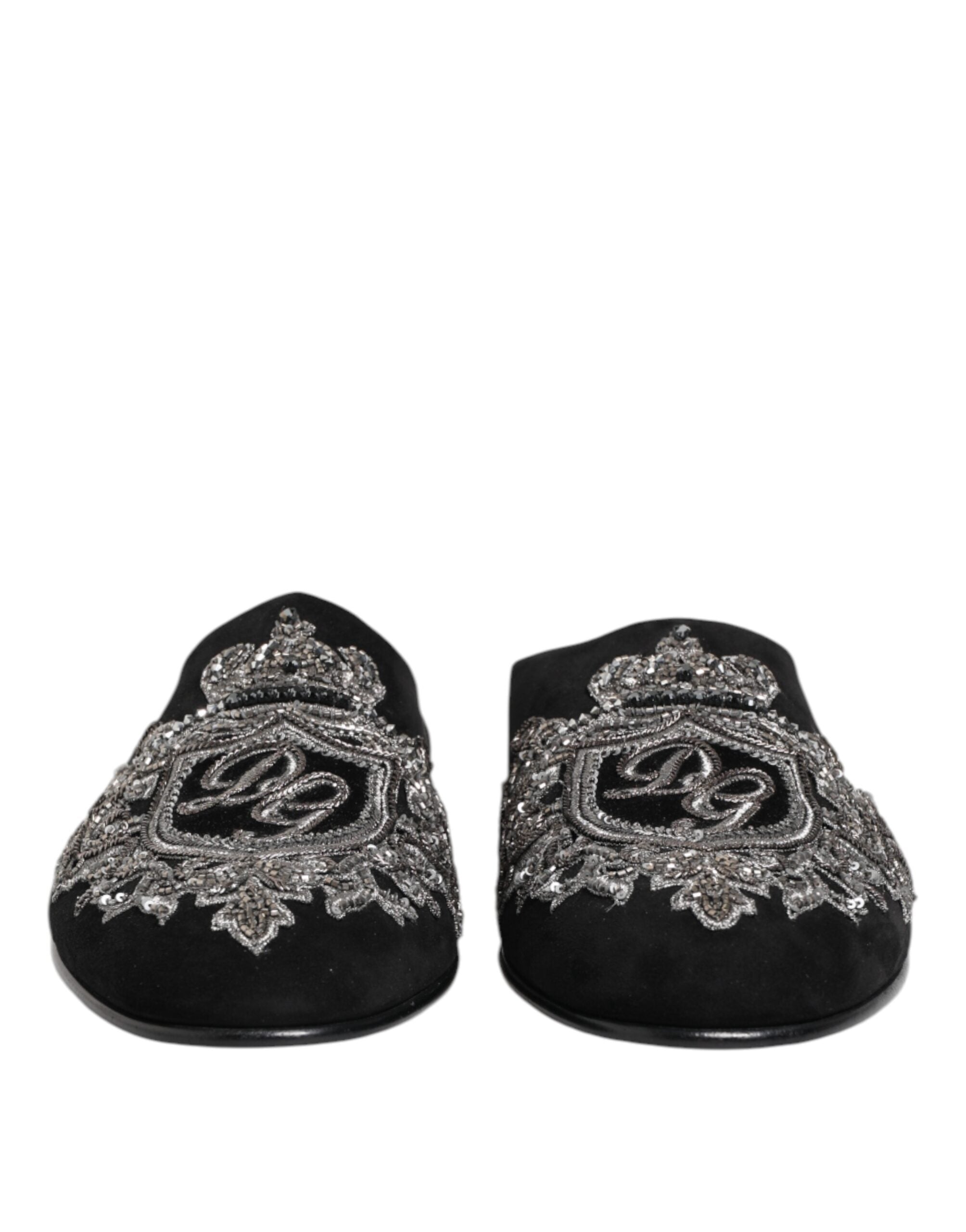 Dolce & Gabbana Black Velvet Slides DG Crown Slipper Shoes