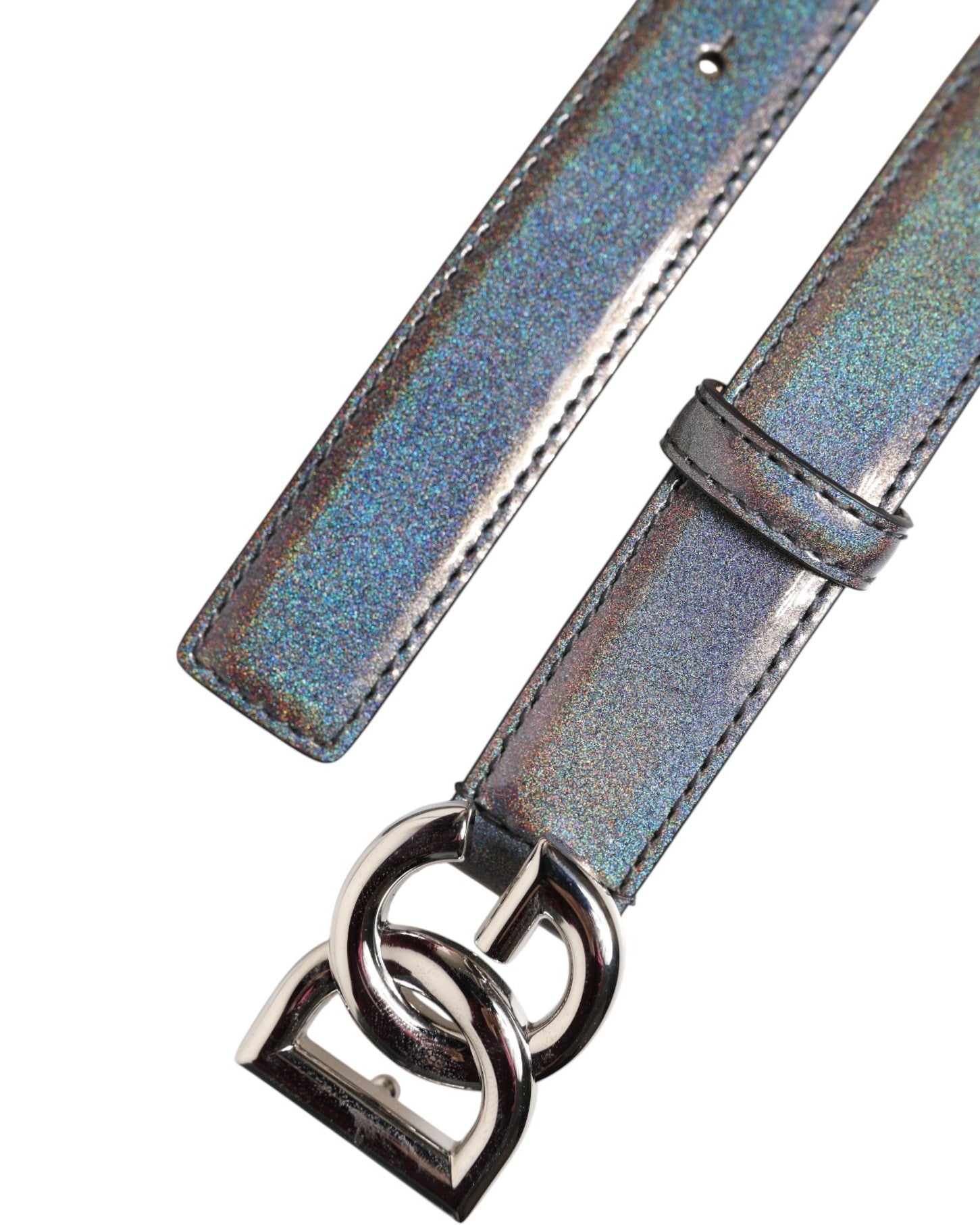Dolce & Gabbana Metallic Leather Silver Tone Logo Buckle Belt