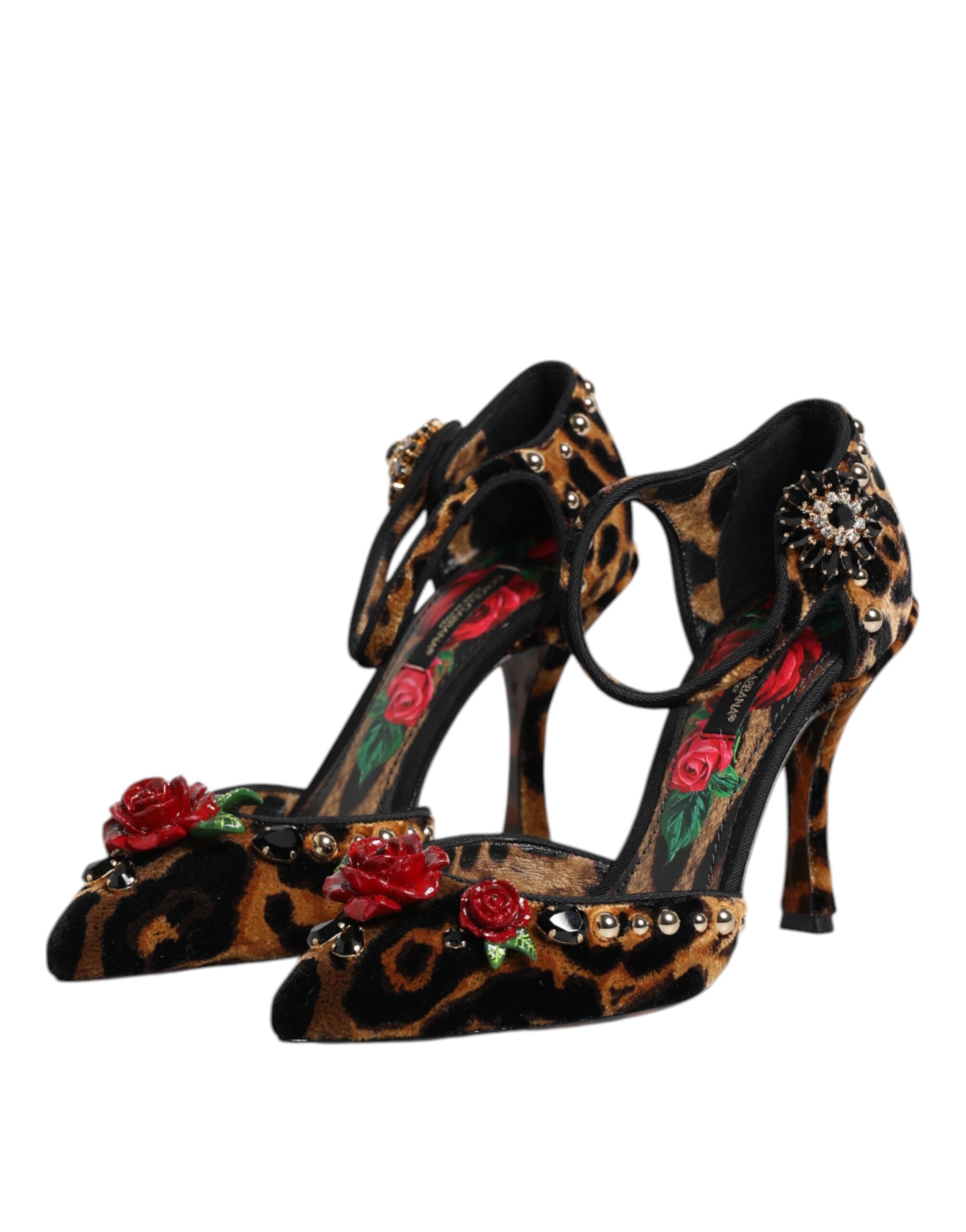 Dolce & Gabbana Brown Leopard Crystal Roses Pumps Shoes