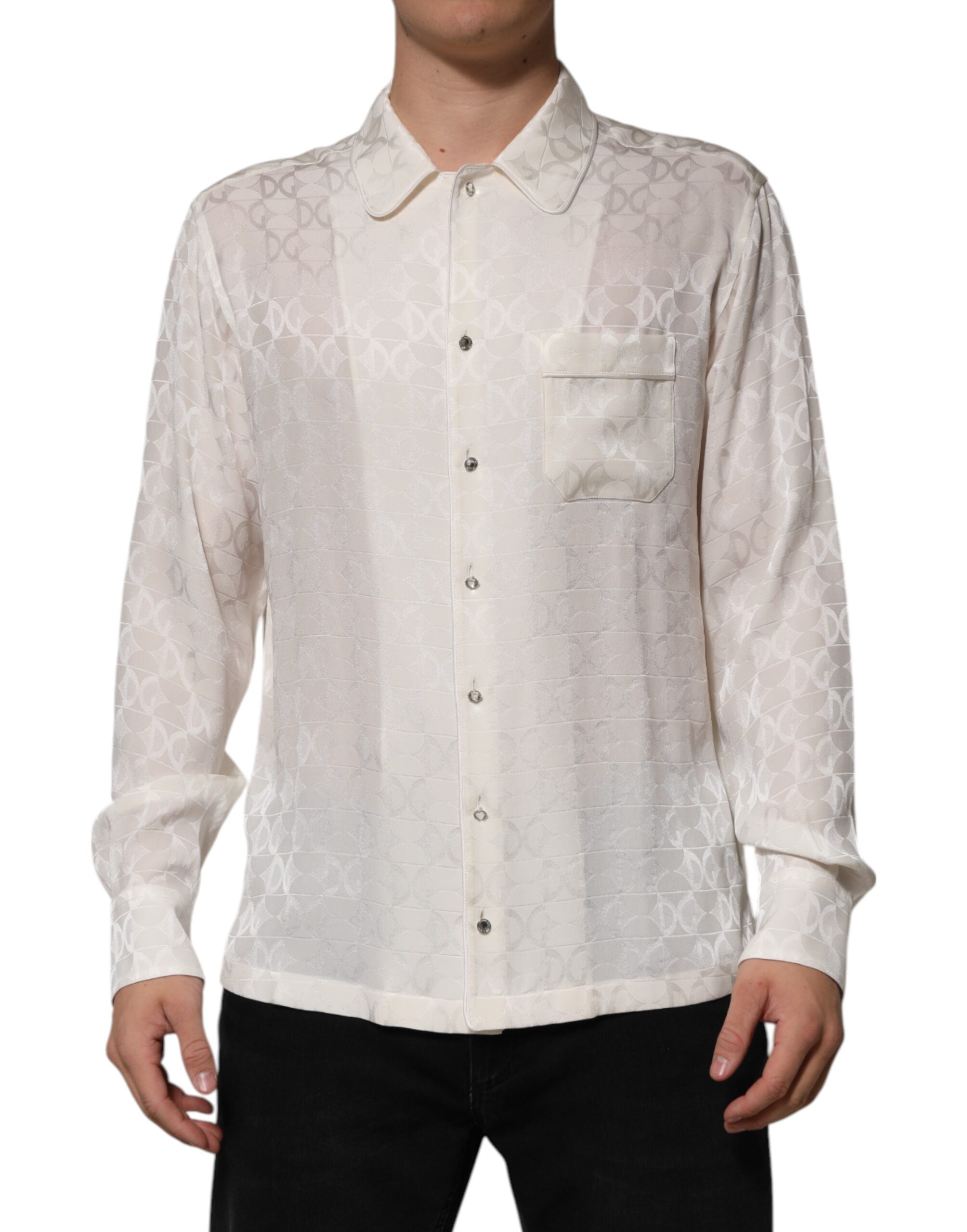 Dolce & Gabbana White Silk DG Logo Print Long Sleeves Shirt